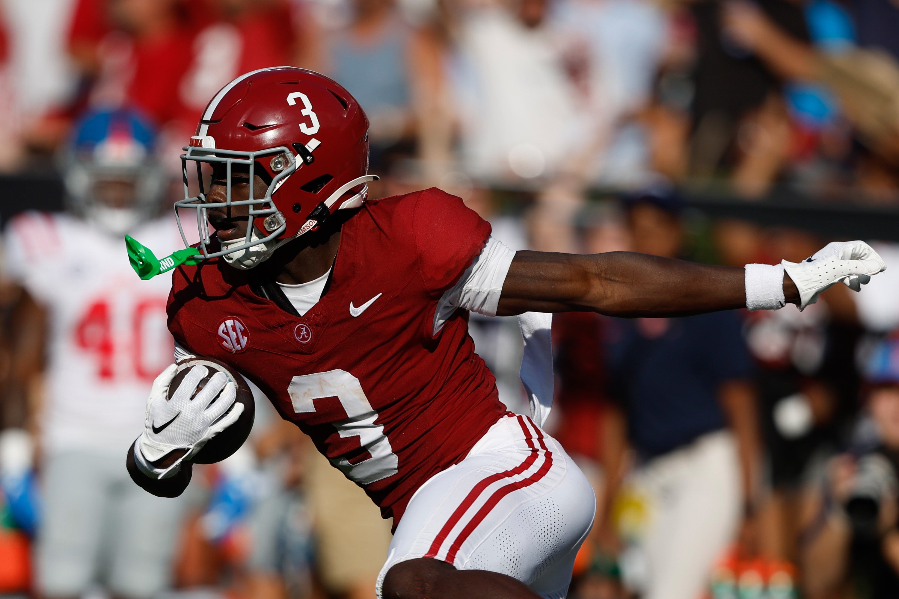 Sep 23, 2023; Tuscaloosa, Alabama, USA; Alabama Crimson Tide defensive back Terrion Arnold (3) carries the ball after an interception against the Mississippi Rebels during the second half of a football game at Bryant-Denny Stadium.