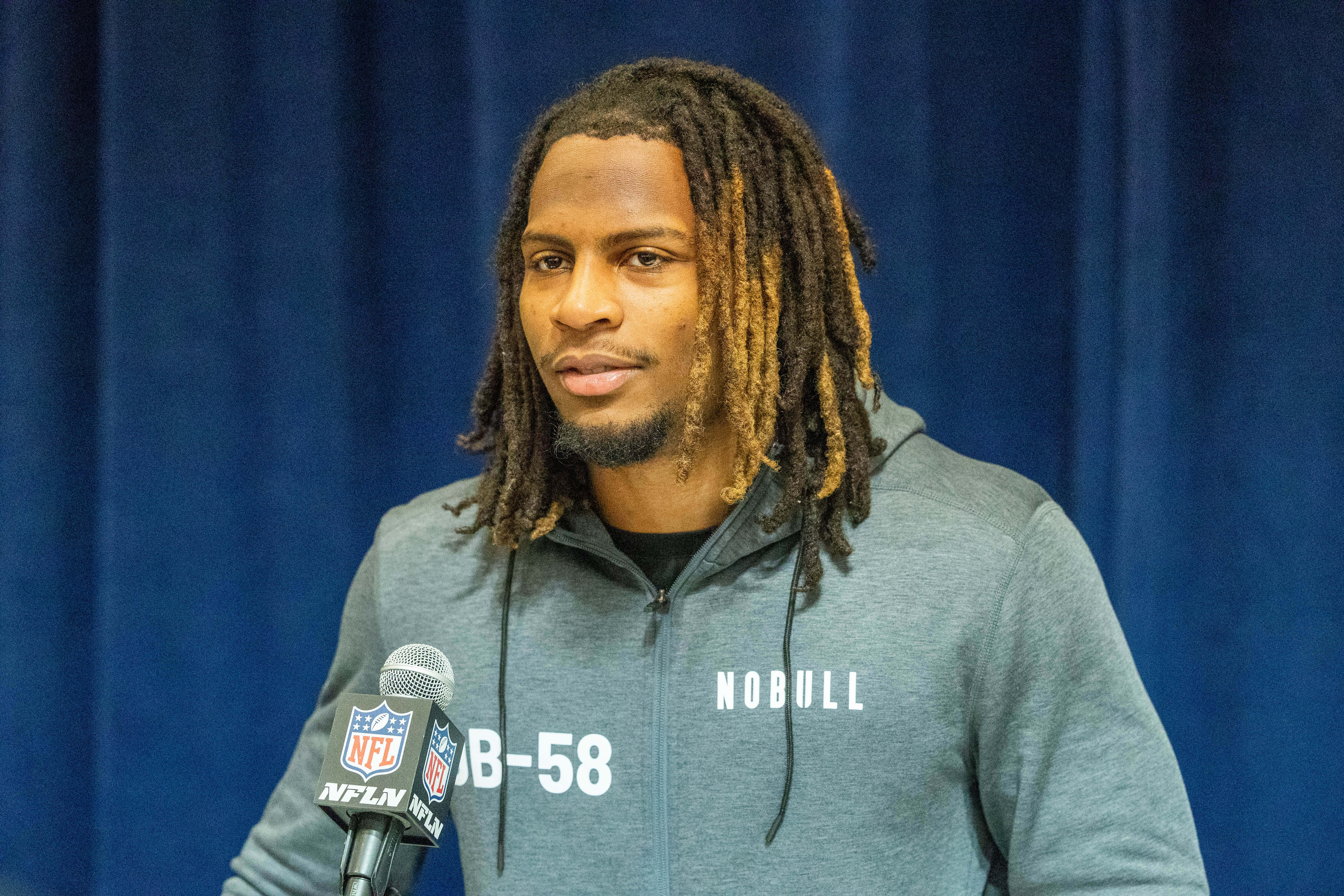 Feb 29, 2024; Indianapolis, IN, USA; Texas Tech defensive back Tyler Owens (DB58) talks to the media during the 2024 NFL Combine at Lucas Oil Stadium.