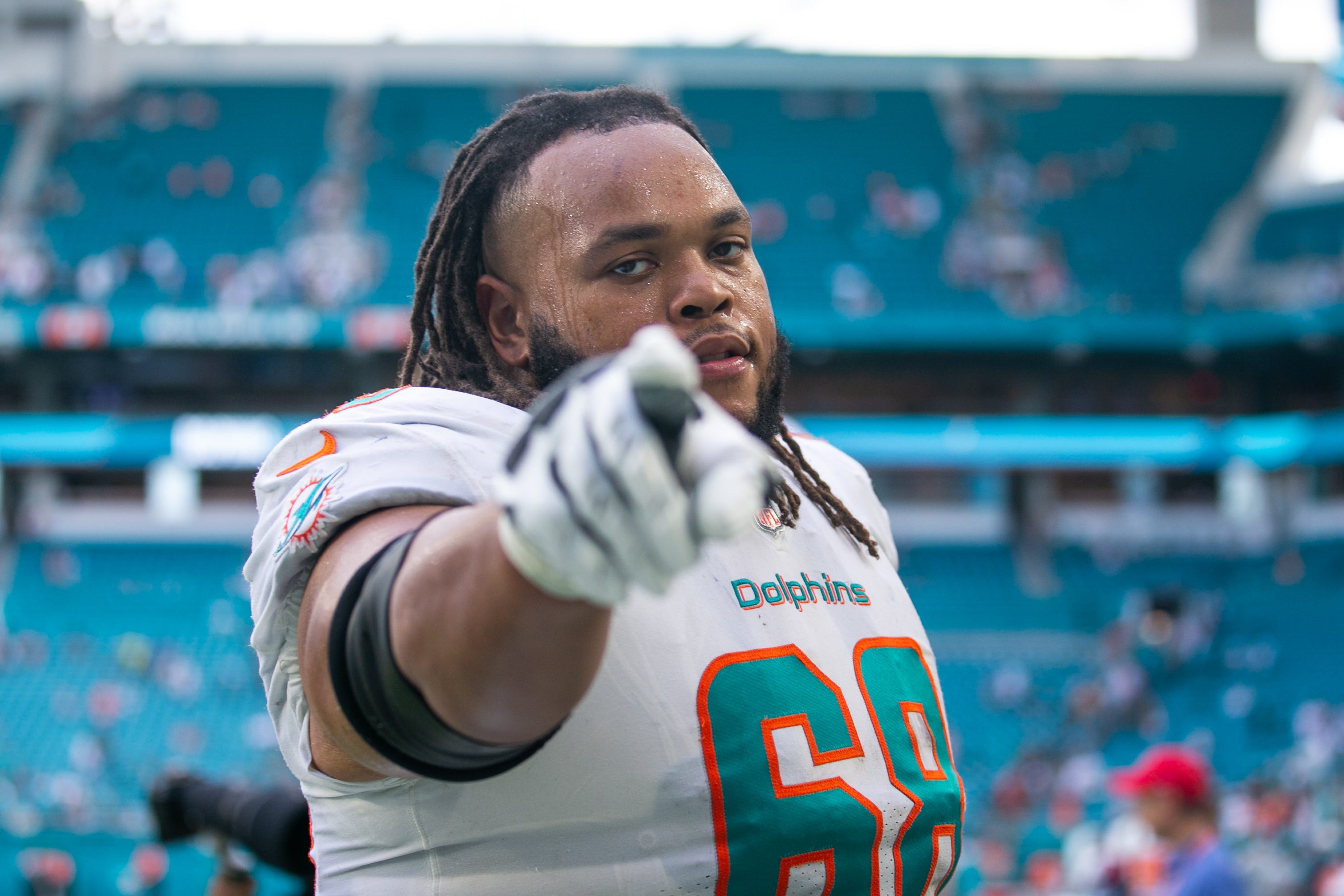 Miami Dolphins offensive tackle Robert Hunt (68) is seen while leaving the field after the end of the second half of the game between host Miami Dolphins and the Houston Texans at Hard Rock Stadium on Sunday, November 27, 2022, in Miami Gardens, FL. Final score, Miami Dolphins, 30, Houston Texans, 15.