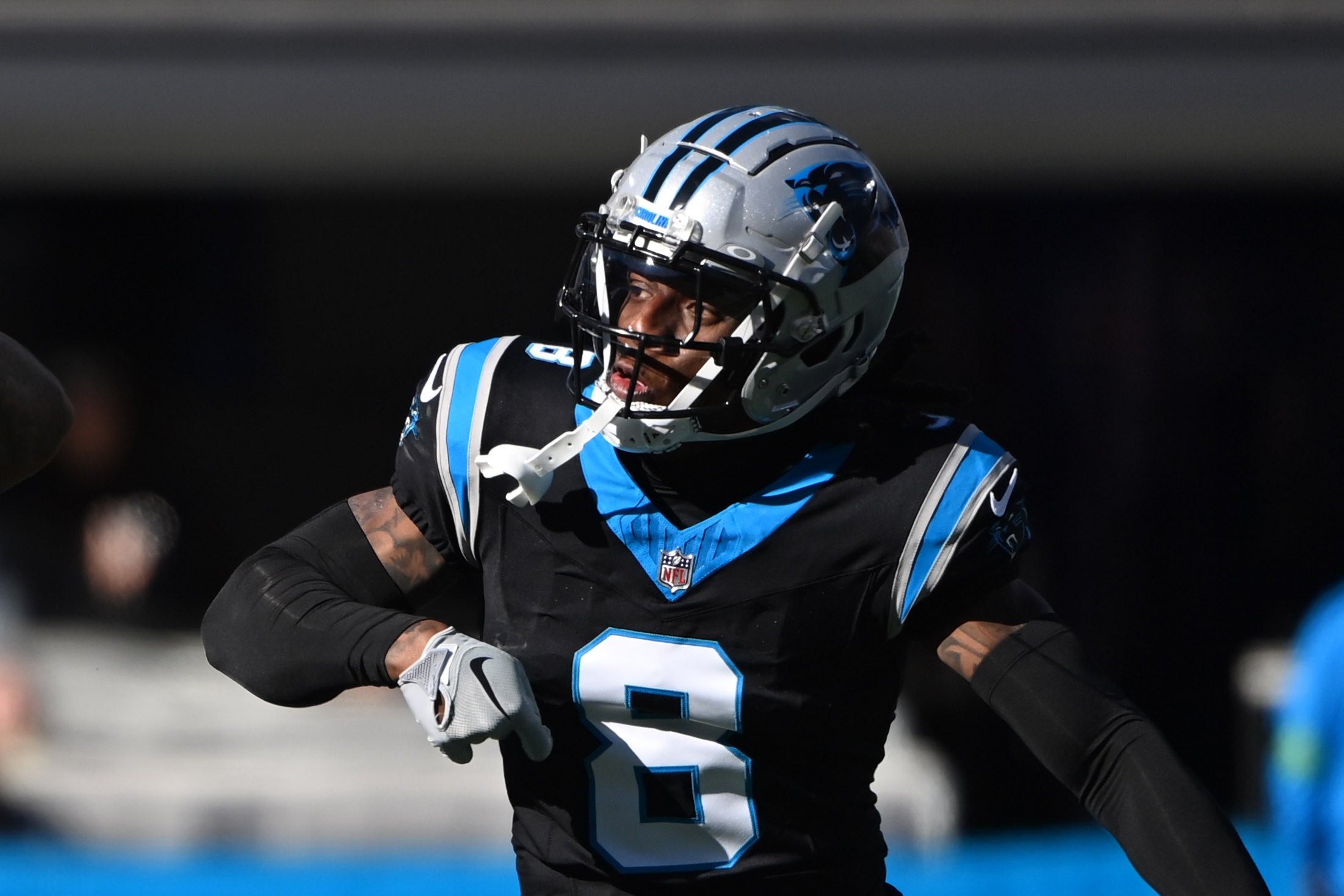 Jan 7, 2024; Charlotte, North Carolina, USA; Carolina Panthers cornerback Jaycee Horn (8) on the field in the first quarter at Bank of America Stadium. Mandatory Credit: Bob Donnan-USA TODAY Sports