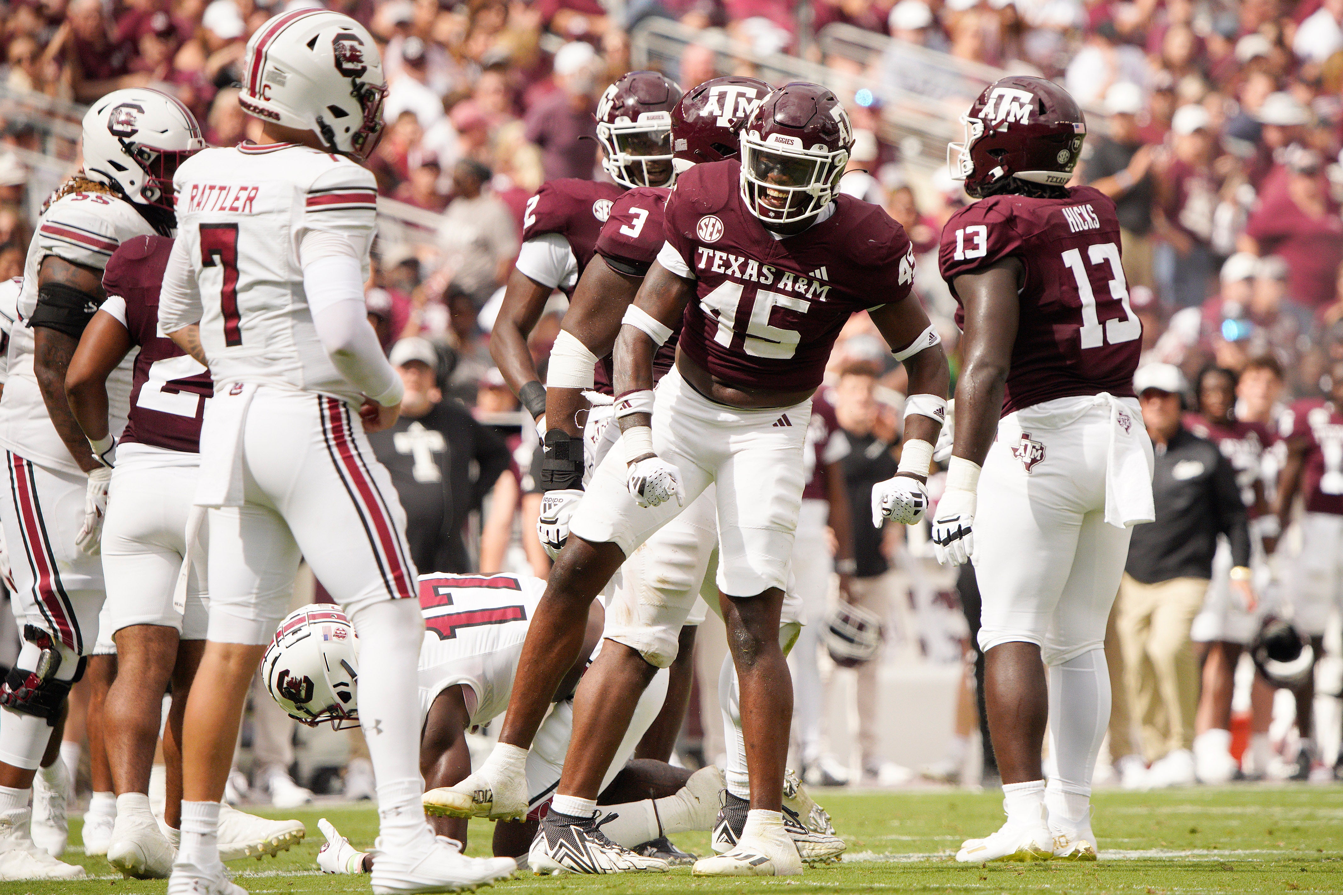 Oct 28, 2023; College Station, Texas, USA; Texas A&M Aggies linebacker Edgerrin Cooper (45) celebrates a tackle against the South Carolina Gamecocks during the second quarter at Kyle Field.