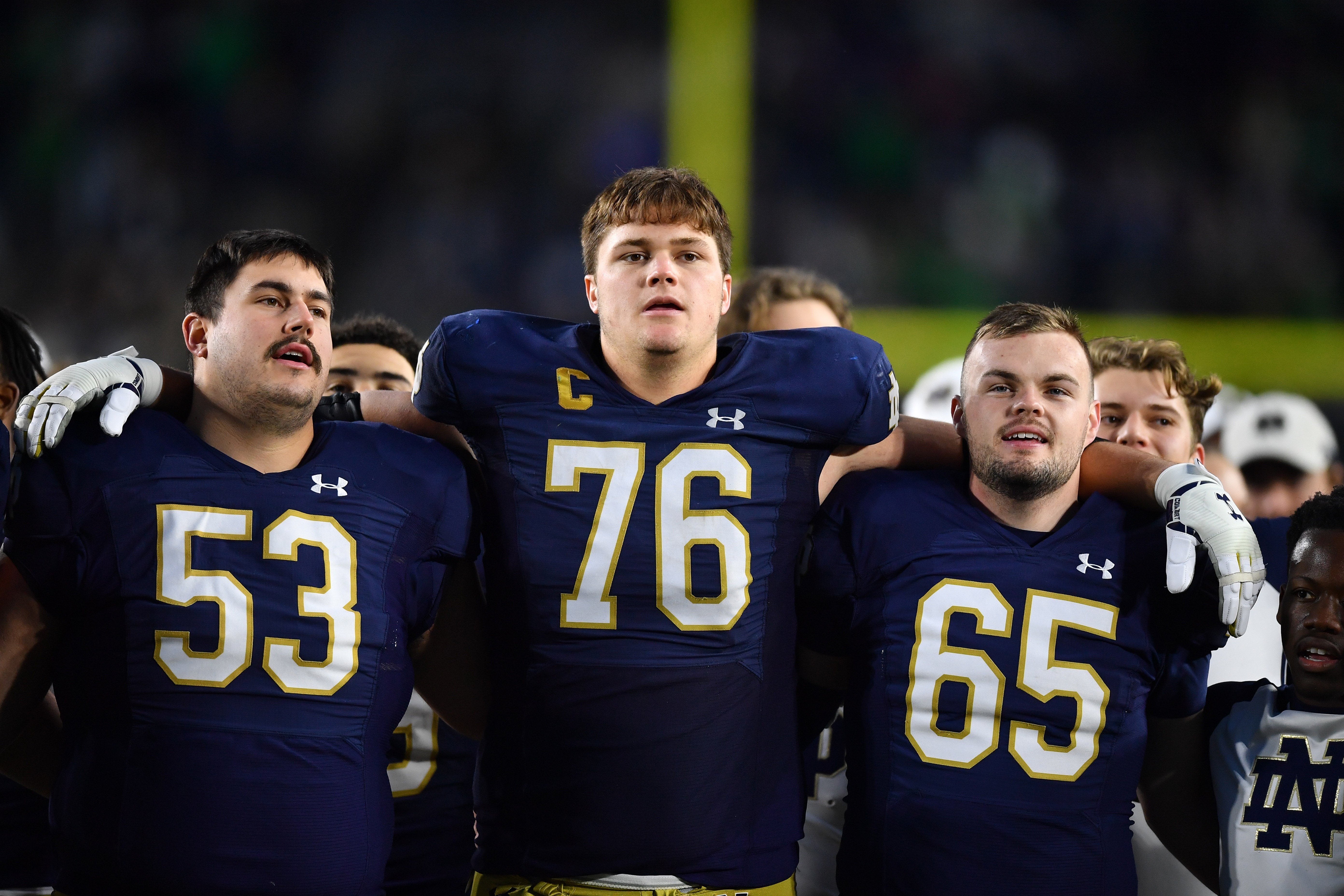 Oct 28, 2023; South Bend, Indiana, USA; Notre Dame Fighting Irish offensive lineman Joe Alt (76) sings the Alma Mater with his teammates following the win over the Pittsburgh Panthers at Notre Dame Stadium.