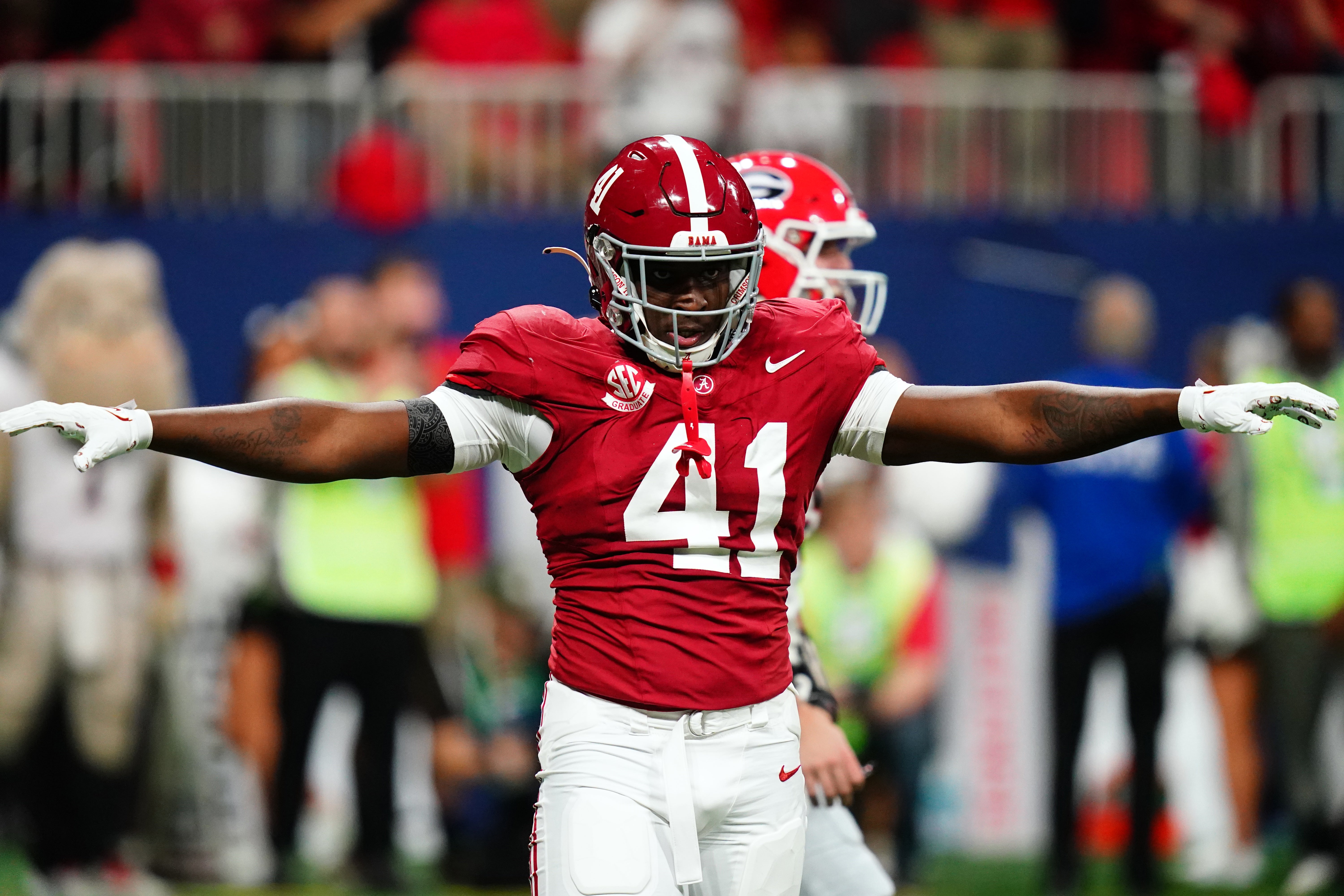 Dec 2, 2023; Atlanta, GA, USA; Alabama Crimson Tide linebacker Chris Braswell (41) reacts in the first quarter against the Georgia Bulldogs in the SEC Championship at Mercedes-Benz Stadium.