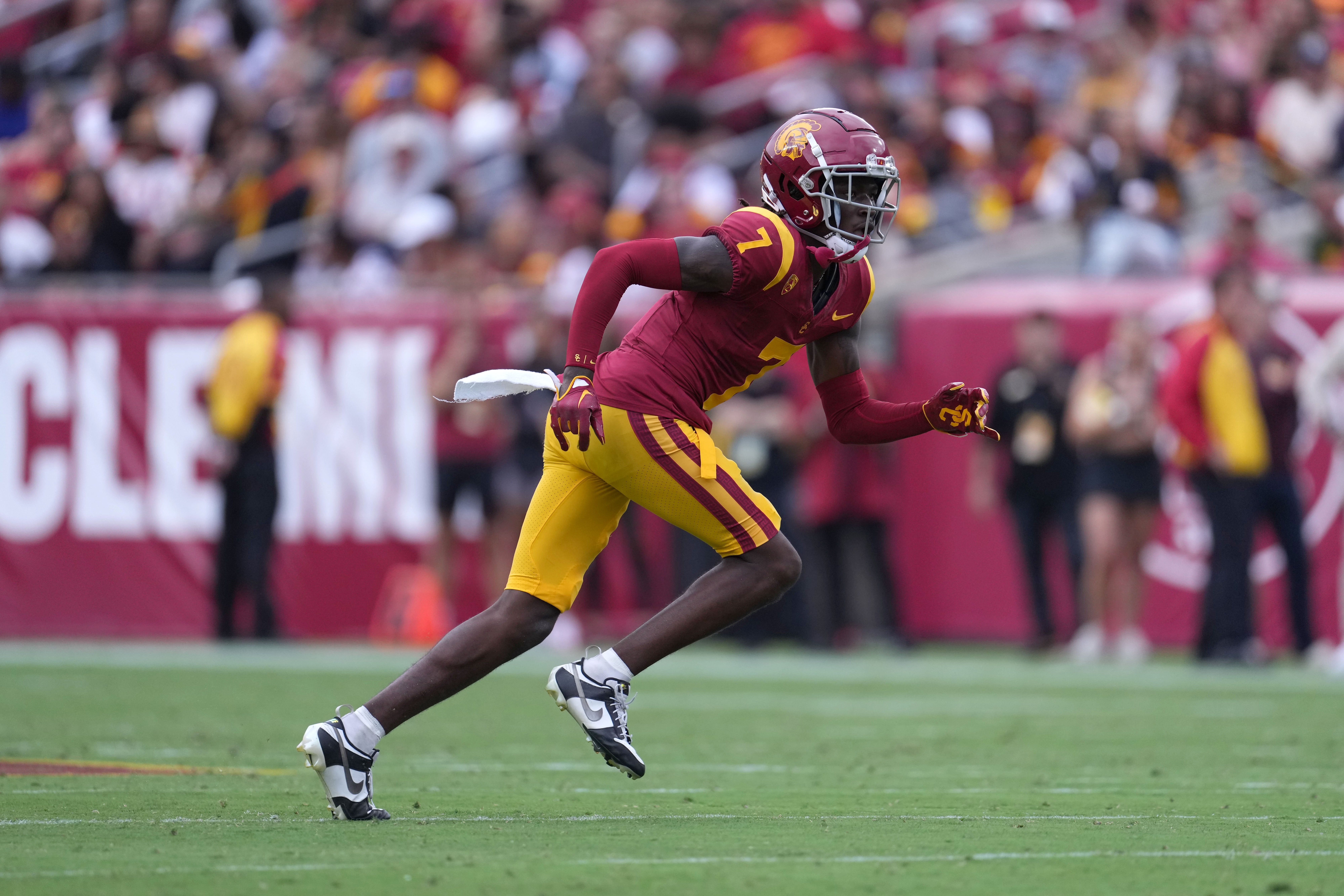 Sep 2, 2023; Los Angeles, California, USA; Southern California Trojans safety Calen Bullock (7) against the Nevada Wolf Pack in the first half at United Airlines Field at Los Angeles Memorial Coliseum.