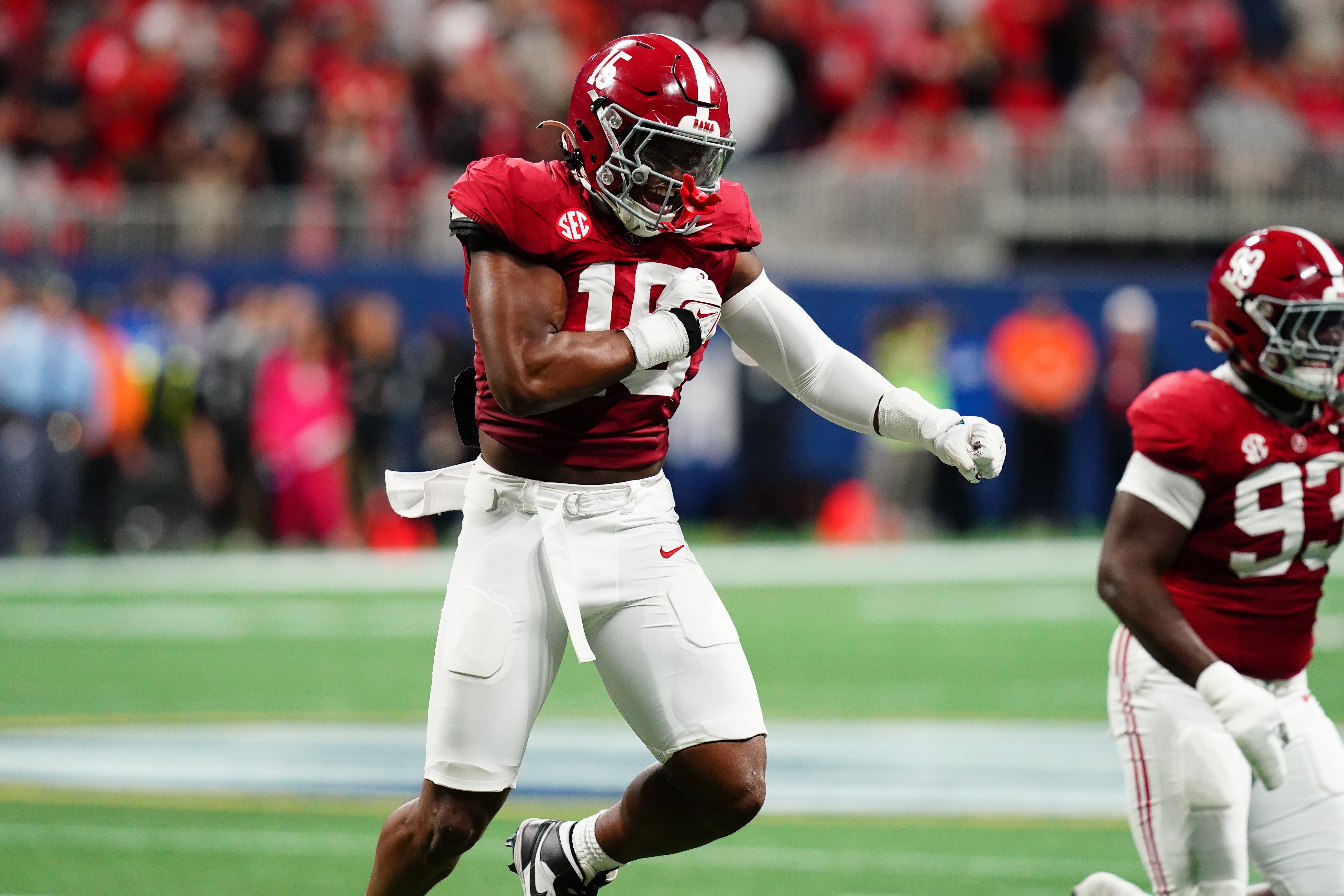 Dec 2, 2023; Atlanta, GA, USA; Alabama Crimson Tide linebacker Dallas Turner (15) celebrates after a sack in the second quarter against the Georgia Bulldogs in the SEC Championship at Mercedes-Benz Stadium.