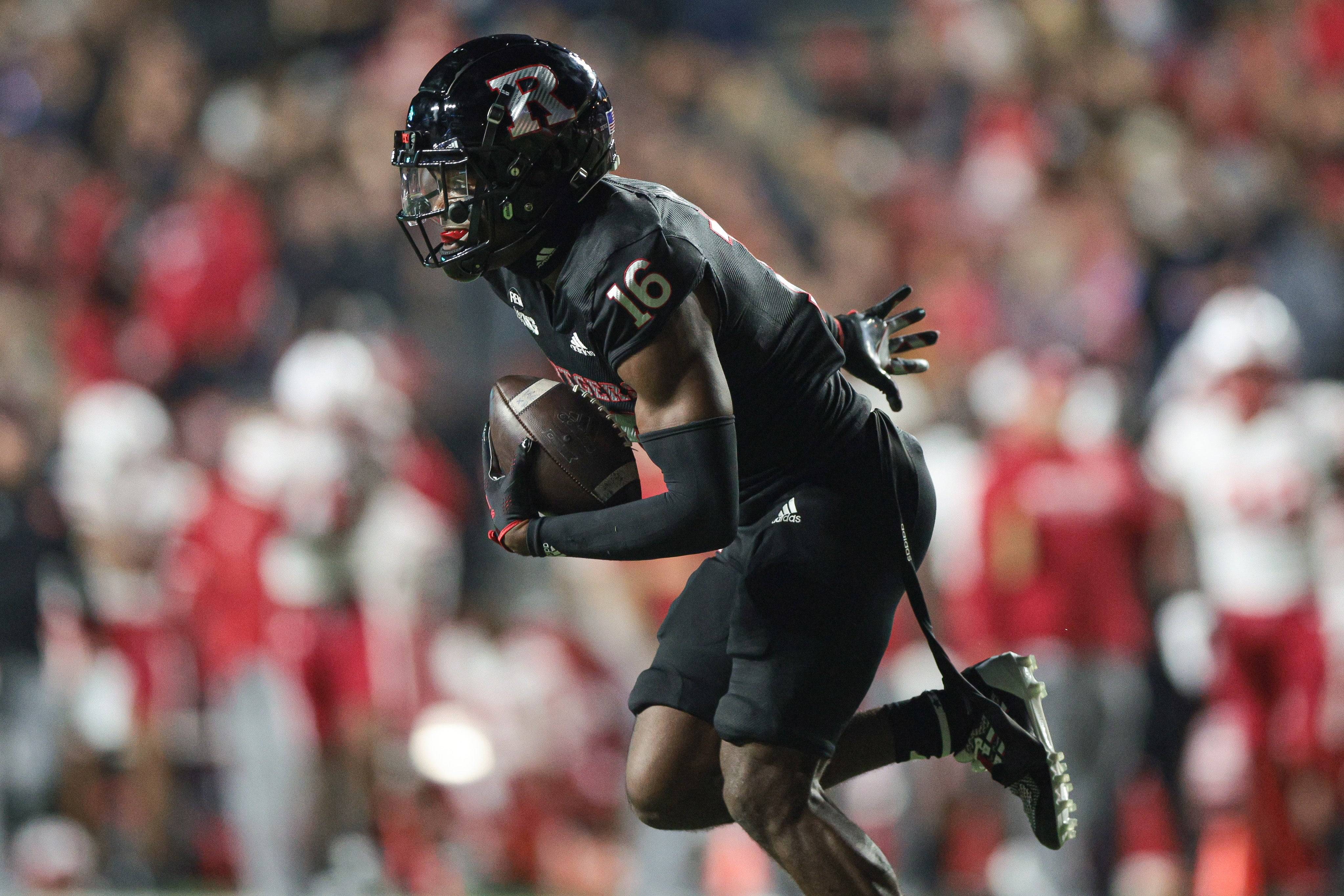 Oct 7, 2022; Piscataway, New Jersey, USA; Rutgers Scarlet Knights defensive back Max Melton (16) celebrates after an interception during the first half against the Nebraska Cornhuskers at SHI Stadium.