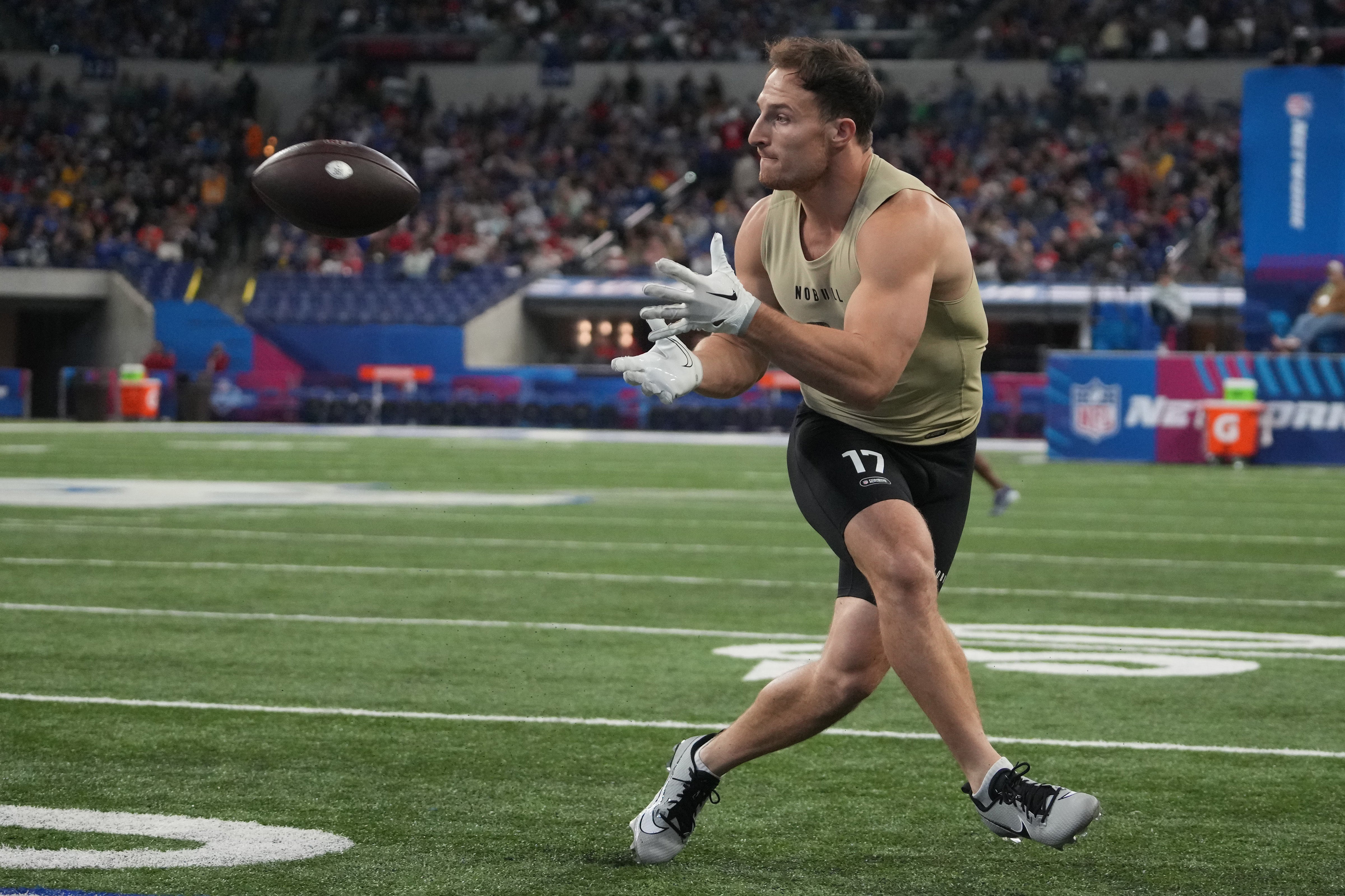 Mar 2, 2024; Indianapolis, IN, USA; New Hampshire running back Dylan Laube (RB17) during the 2024 NFL Combine at Lucas Oil Stadium.