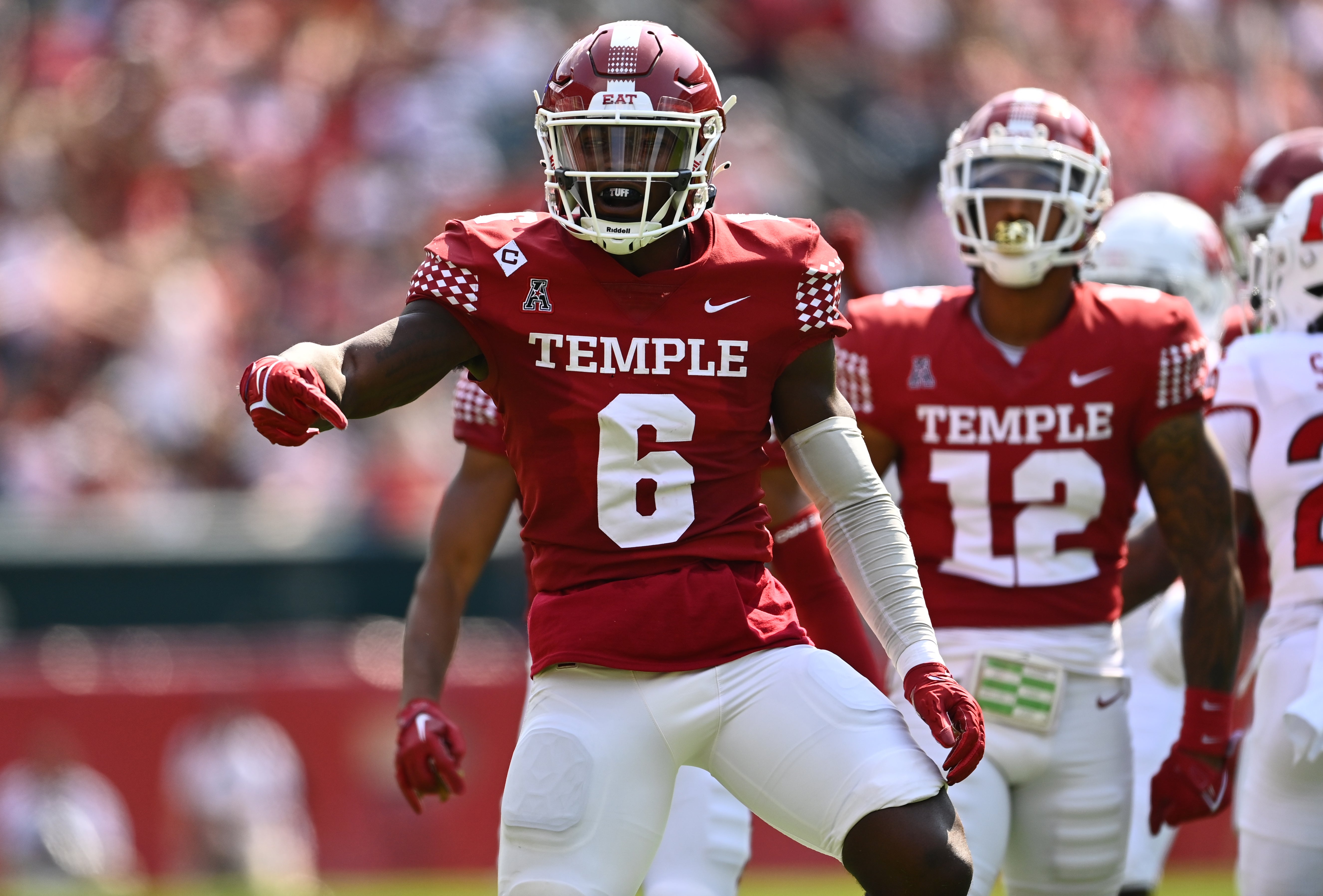 Sep 17, 2022; Philadelphia, Pennsylvania, USA; Temple Owls linebacker Jordan Magee (6) reacts after a tackle against the Rutgers Scarlet Knights in the first half at Lincoln Financial Field.