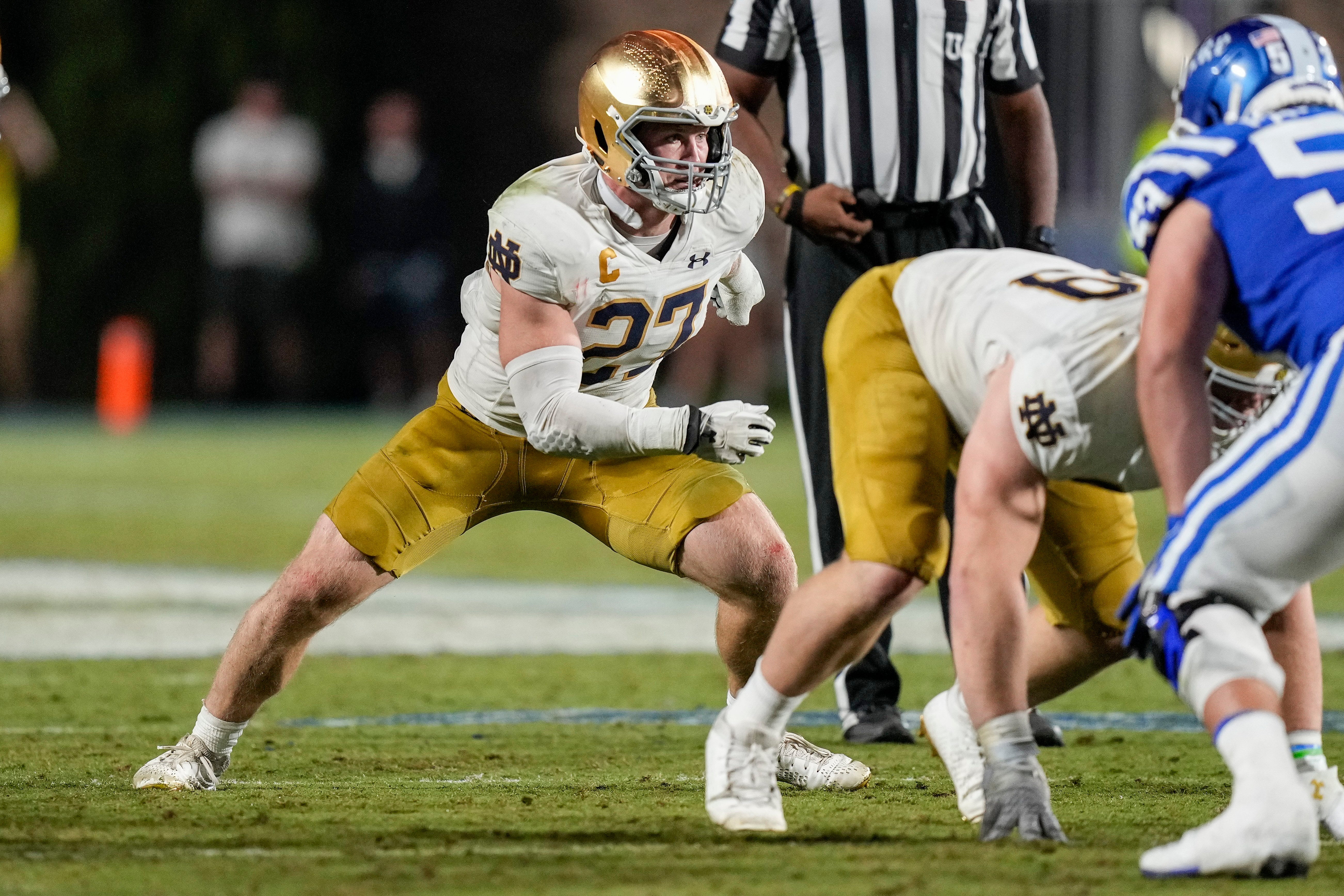 Sep 30, 2023; Durham, North Carolina, USA; Notre Dame Fighting Irish linebacker JD Bertrand (27) during the second half against the Duke Blue Devils at Wallace Wade Stadium.