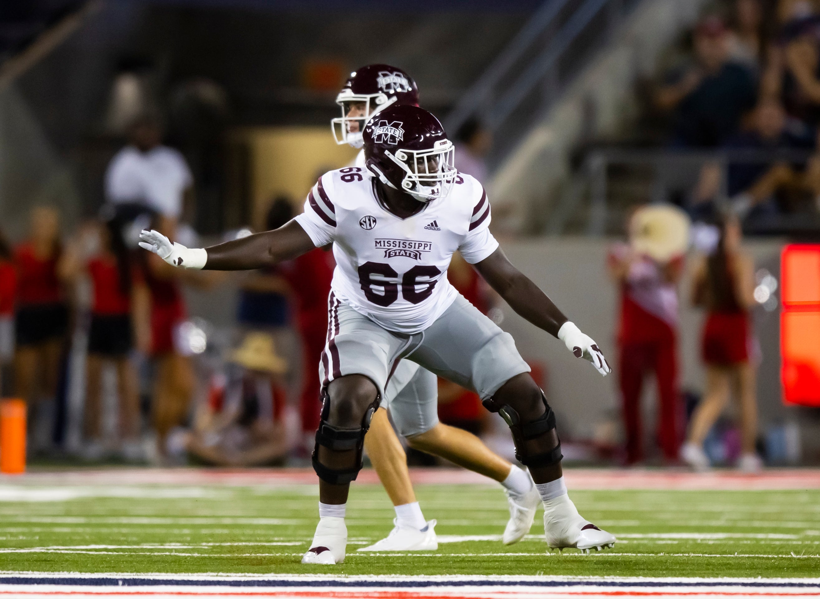 Sep 10, 2022; Tucson, Arizona, USA; Mississippi State Bulldogs offensive lineman Nick Jones (66) against the Arizona Wildcats at Arizona Stadium.