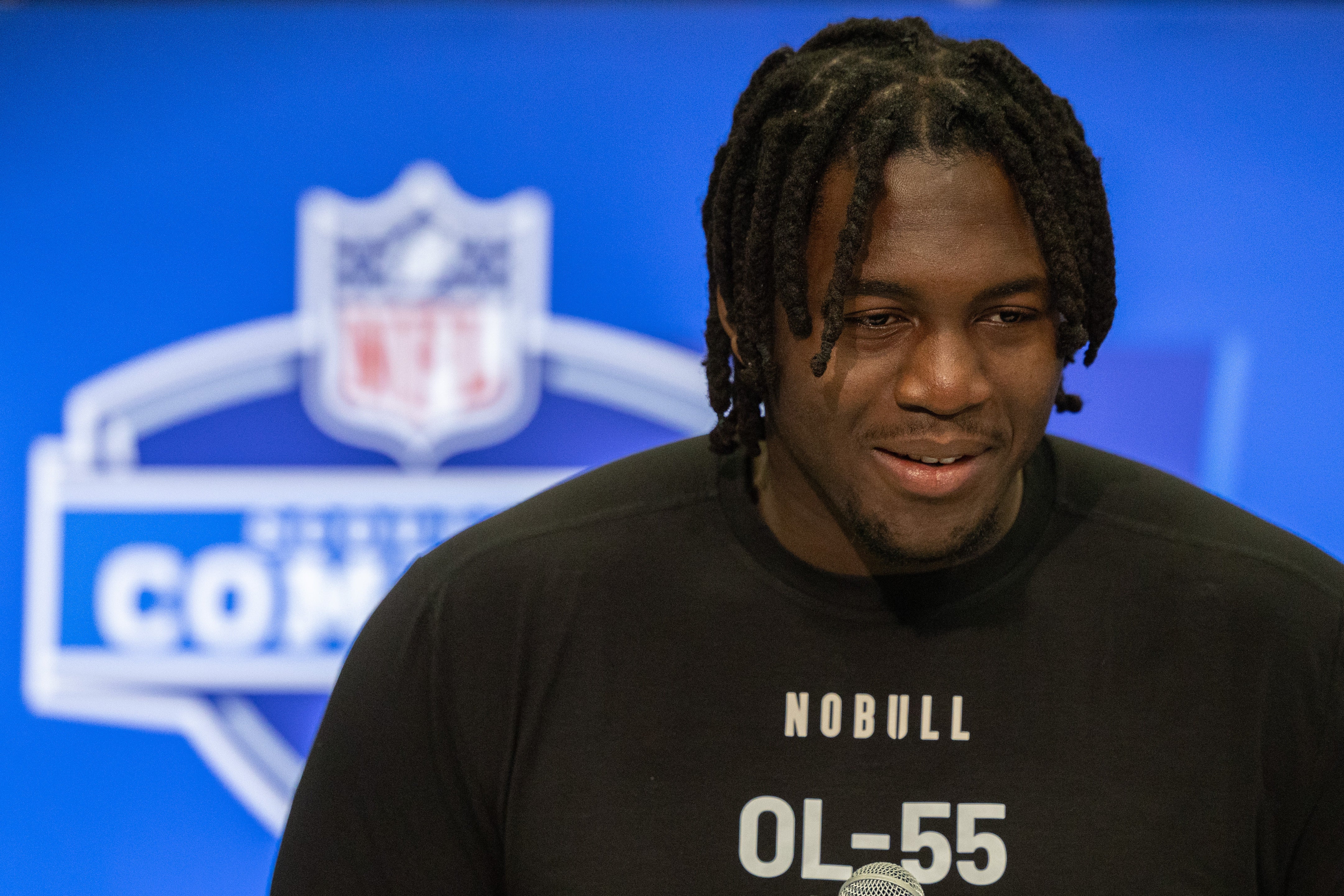 Houston offensive lineman Patrick Paul (OL55) talks to the media during the 2024 NFL Combine at Lucas Oil Stadium. Trevor Ruszkowski-USA TODAY Sports