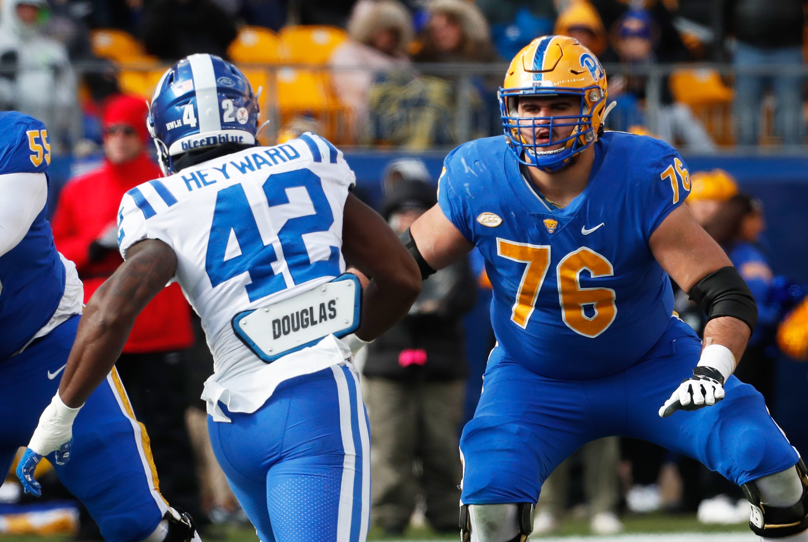 Pittsburgh Panthers offensive lineman Matt Goncalves (76) blocks at the line of scrimmage against Duke Blue Devils linebacker Shaka Heyward (42) during the first quarter at Acrisure Stadium.