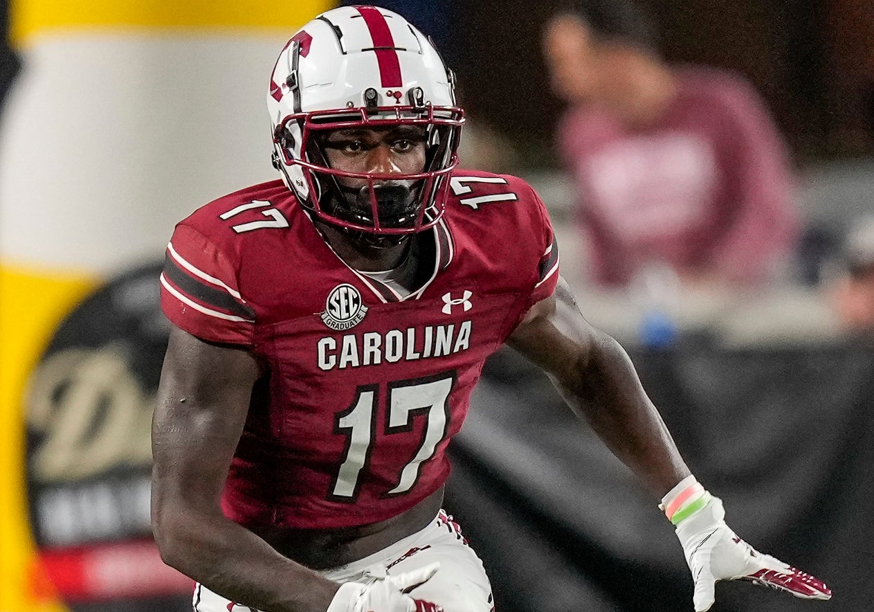 Sep 2, 2023; Charlotte, North Carolina, USA; South Carolina Gamecocks wide receiver Xavier Legette (17) runs his route during the second quarter against the North Carolina Tar Heels at Bank of America Stadium.
