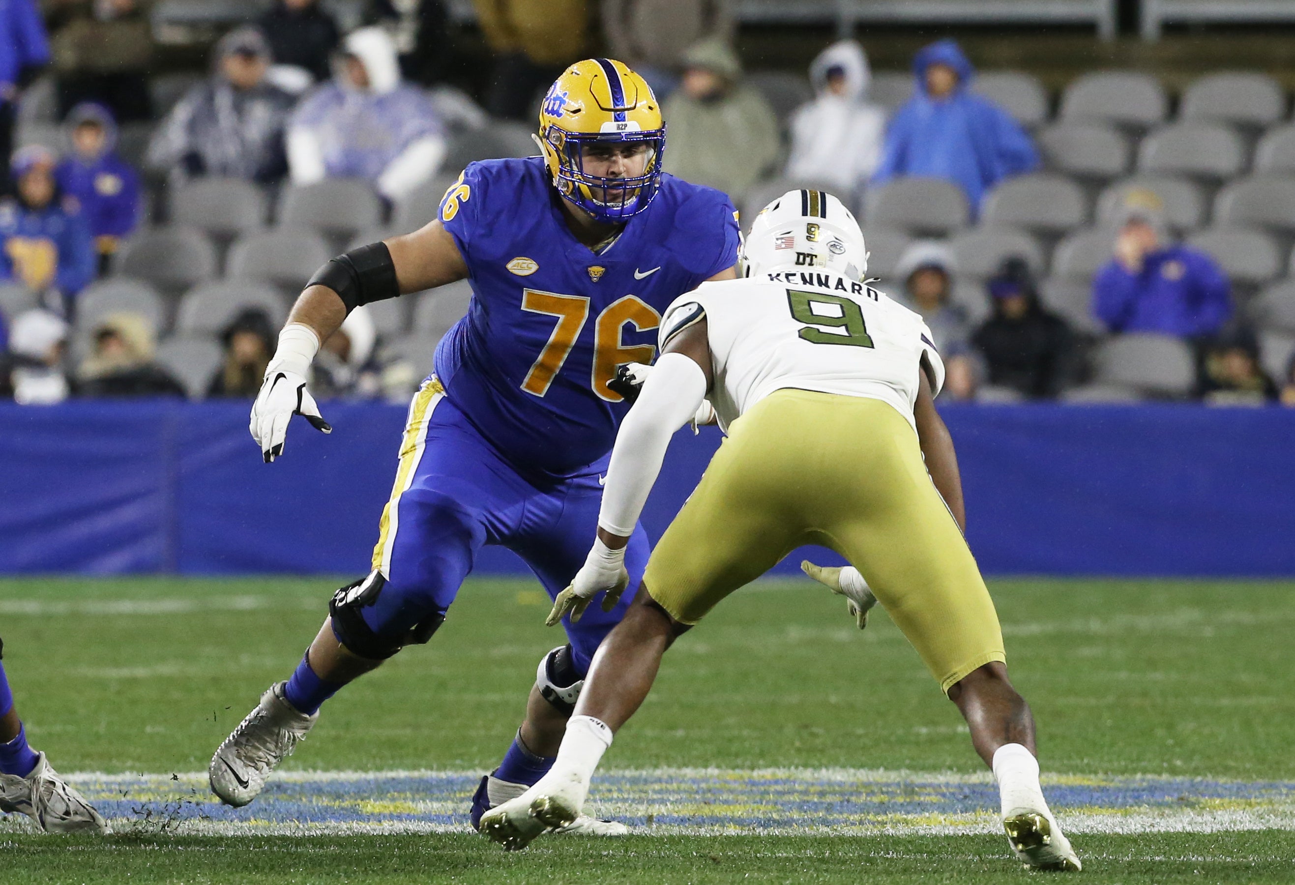 Oct 1, 2022; Pittsburgh, Pennsylvania, USA; Pittsburgh Panthers offensive lineman Matt Goncalves (76) blocks at the line of scrimmage against Georgia Tech Yellow Jackets defensive lineman Kyle Kennard (9) during the second quarter at Acrisure Stadium.