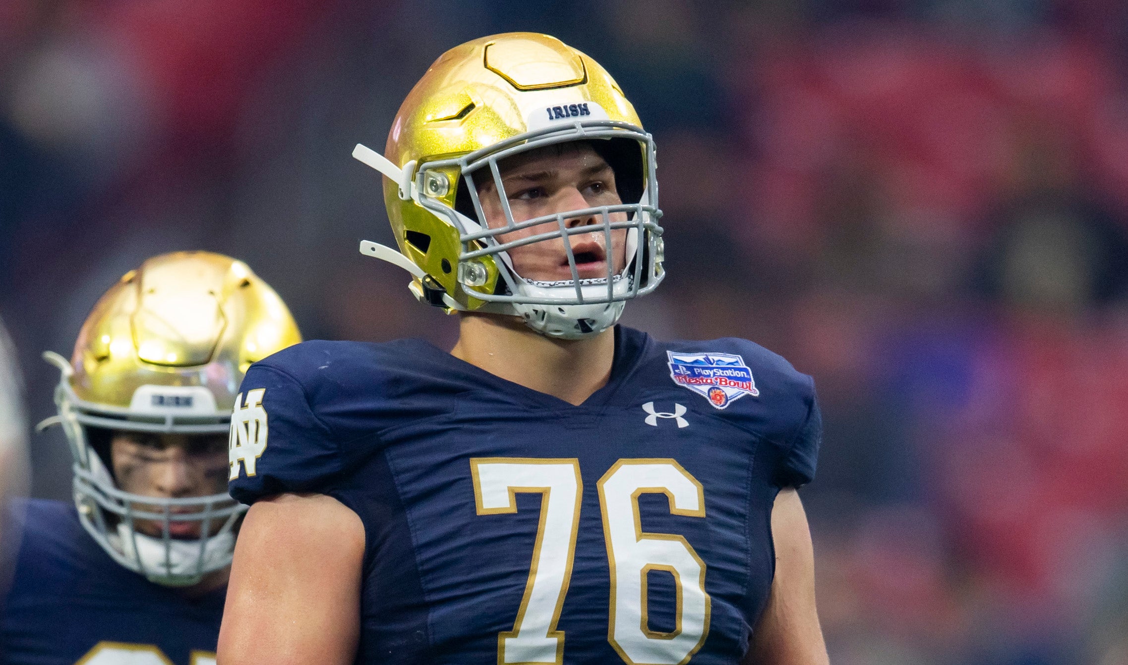 Notre Dame Fighting Irish offensive lineman Joe Alt (76) against the Oklahoma State Cowboys in the 2022 Fiesta Bowl at State Farm Stadium. Mark J. Rebilas-USA TODAY Sports