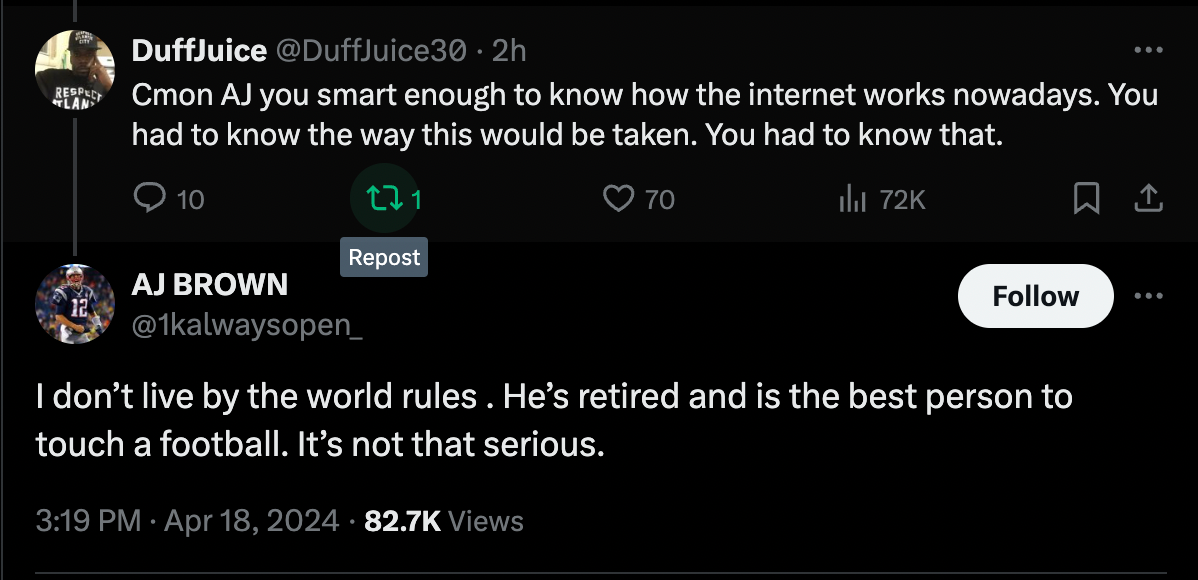 AJ Brown responds to changing his profile picture to Tom Brady on social media.