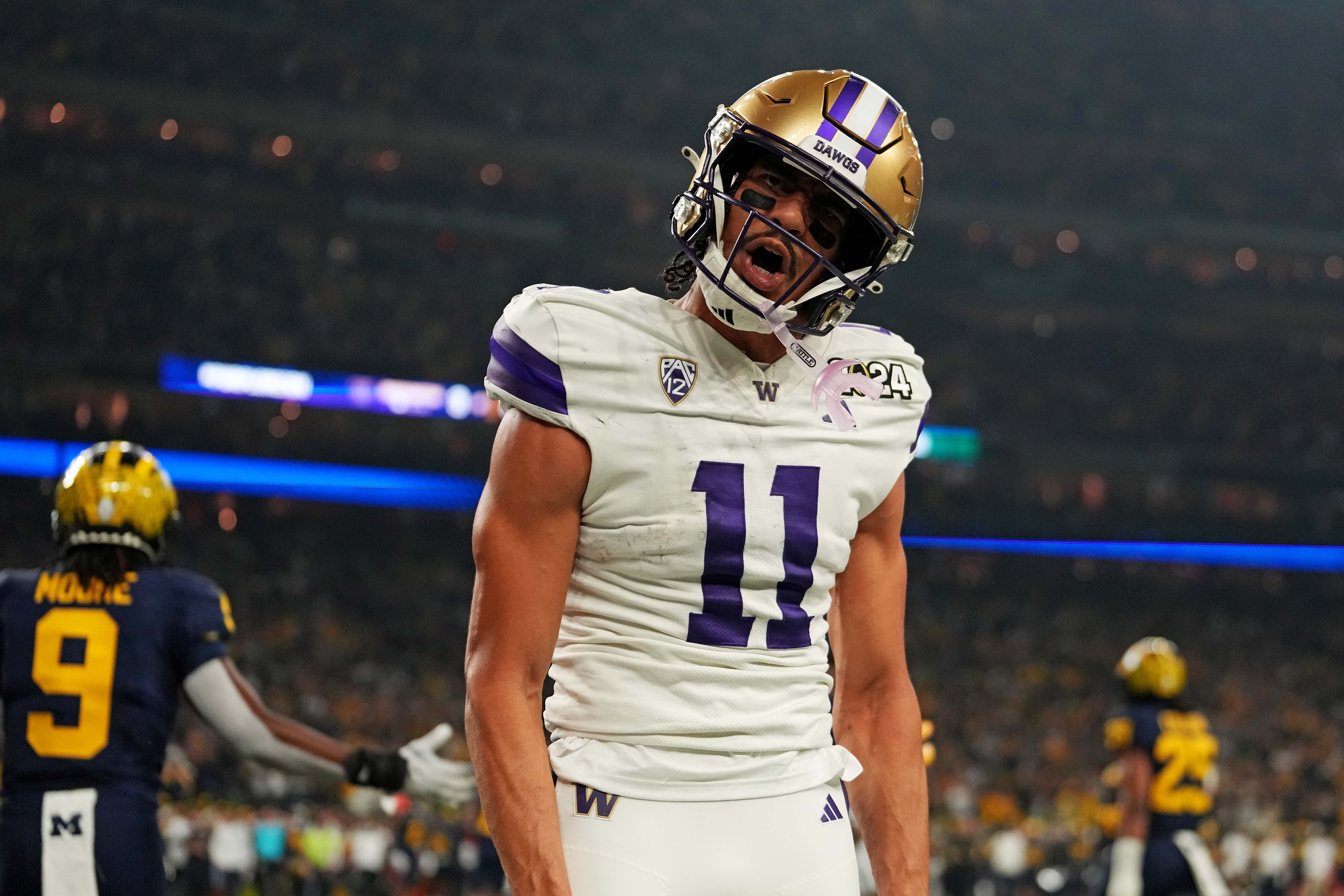 Washington Huskies wide receiver Jalen McMillan (11) reacts after a pass interference call during the second quarter against the Michigan Wolverines in the 2024 College Football Playoff national cham... Kirby Lee-USA TODAY Sports