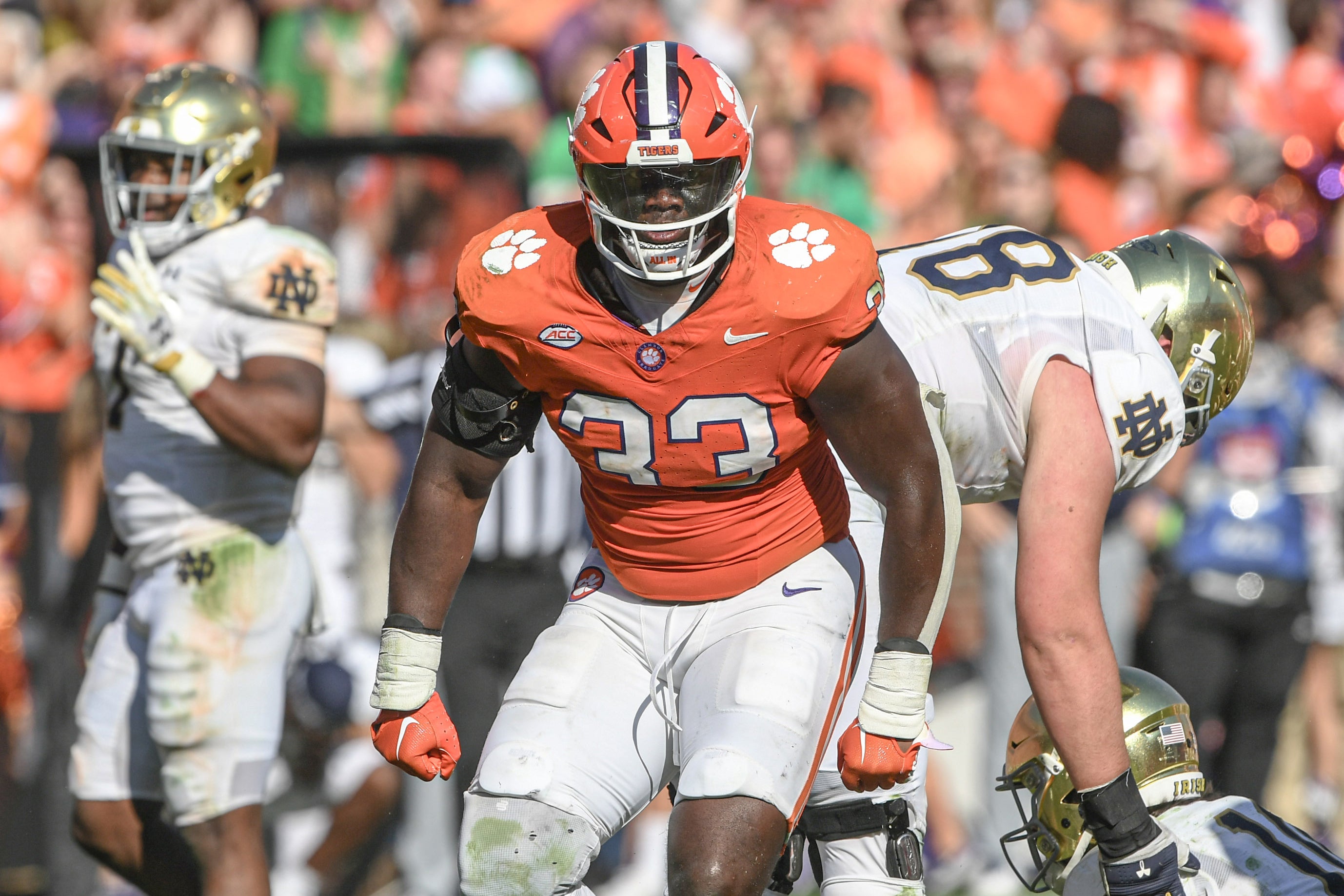 Nov 4, 2023; Clemson, South Carolina, USA; Clemson Tigers defensive tackle Ruke Orhorhoro (33) celebrates after a tackle against the Notre Dame Fighting Irish during the fourth quarter at Memorial Stadium.