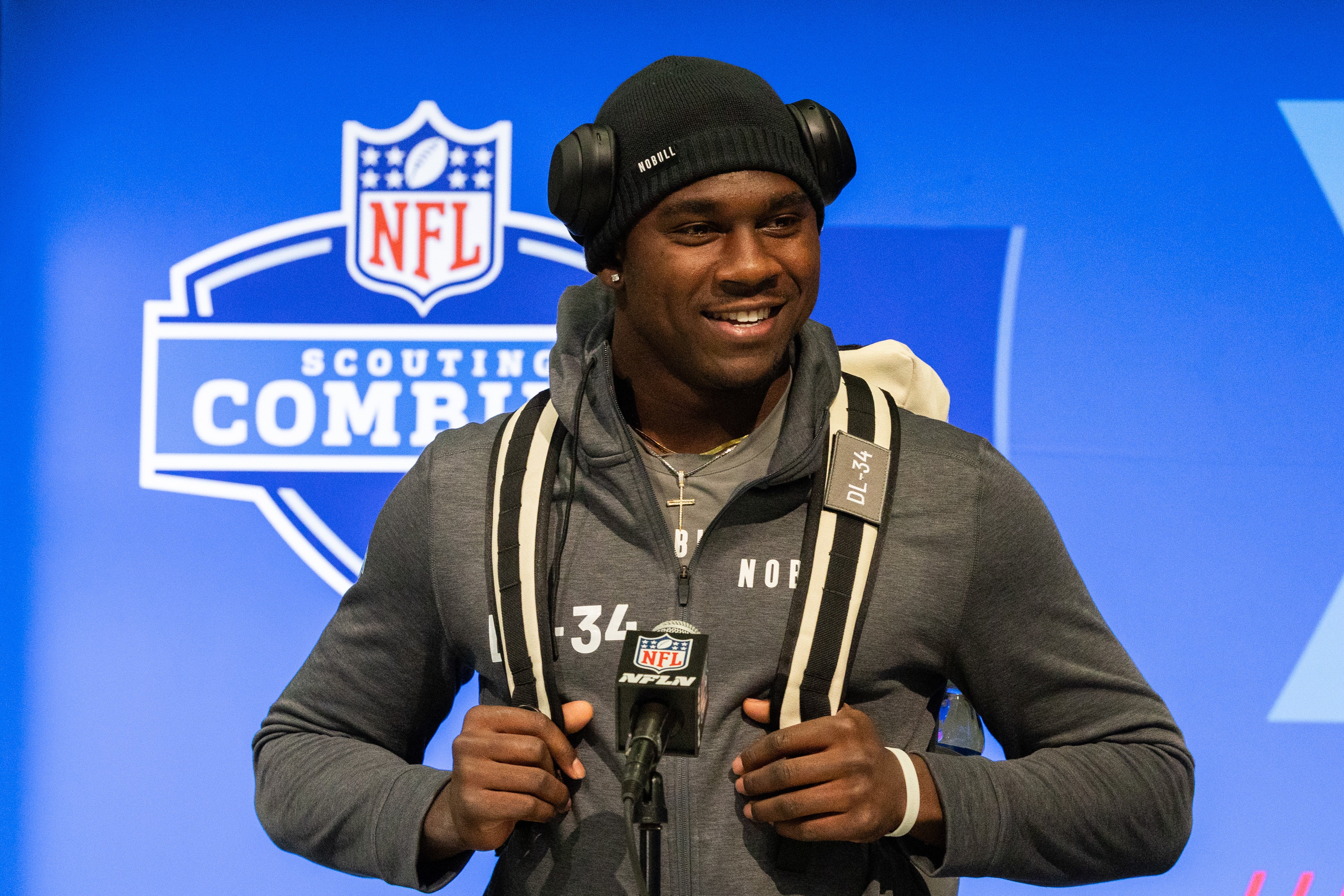 Feb 28, 2024; Indianapolis, IN, USA; Houston Christian defensive lineman Jalyx Hunt (DL34) talks to the media at the 2024 NFL Combine at Indiana Convention Center.