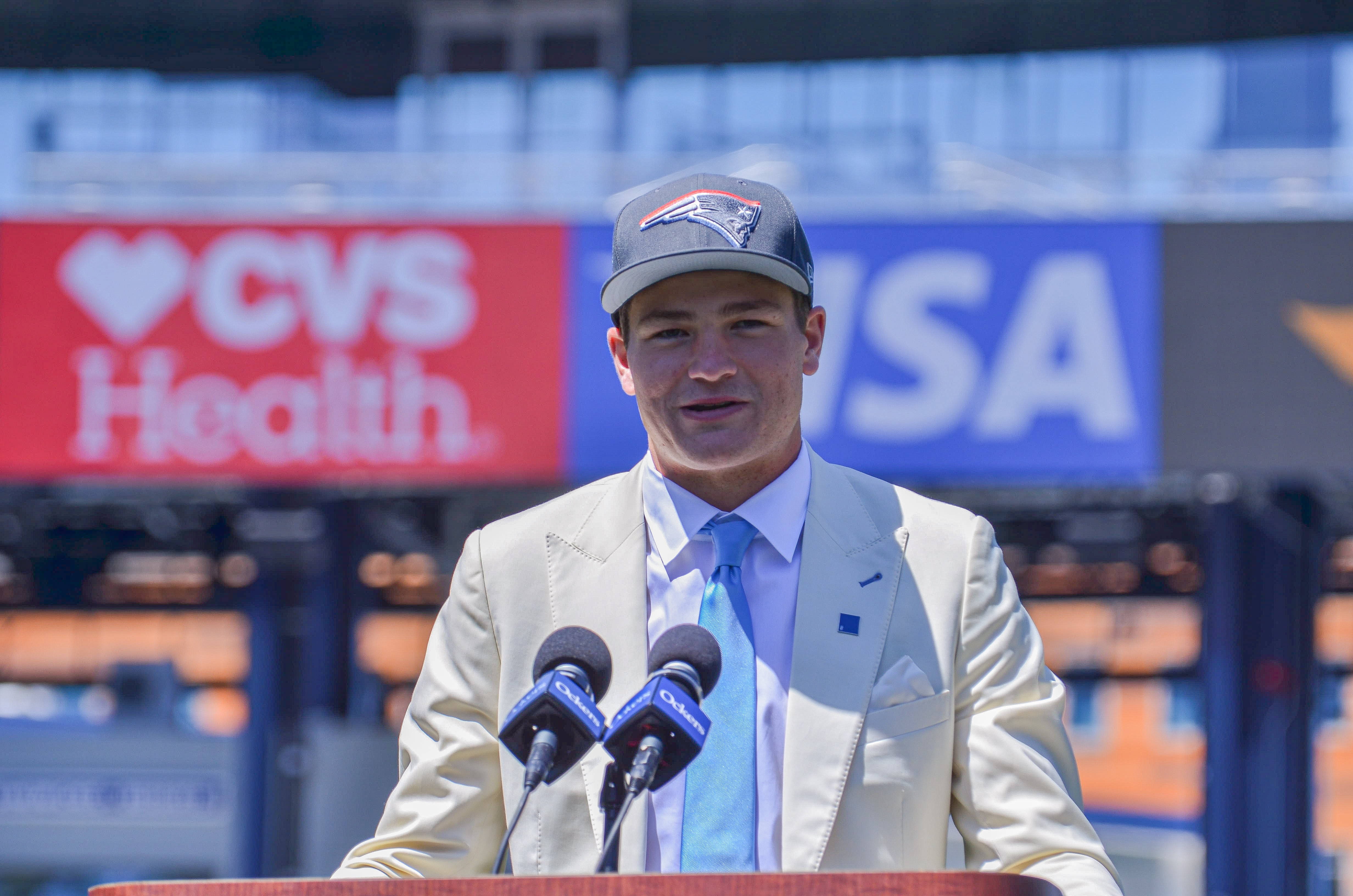 Drake Maye speaks at Gillette Stadium on Friday after being selected by the Patriots with the No. 3 overall pick in the 2024 NFL Draft.