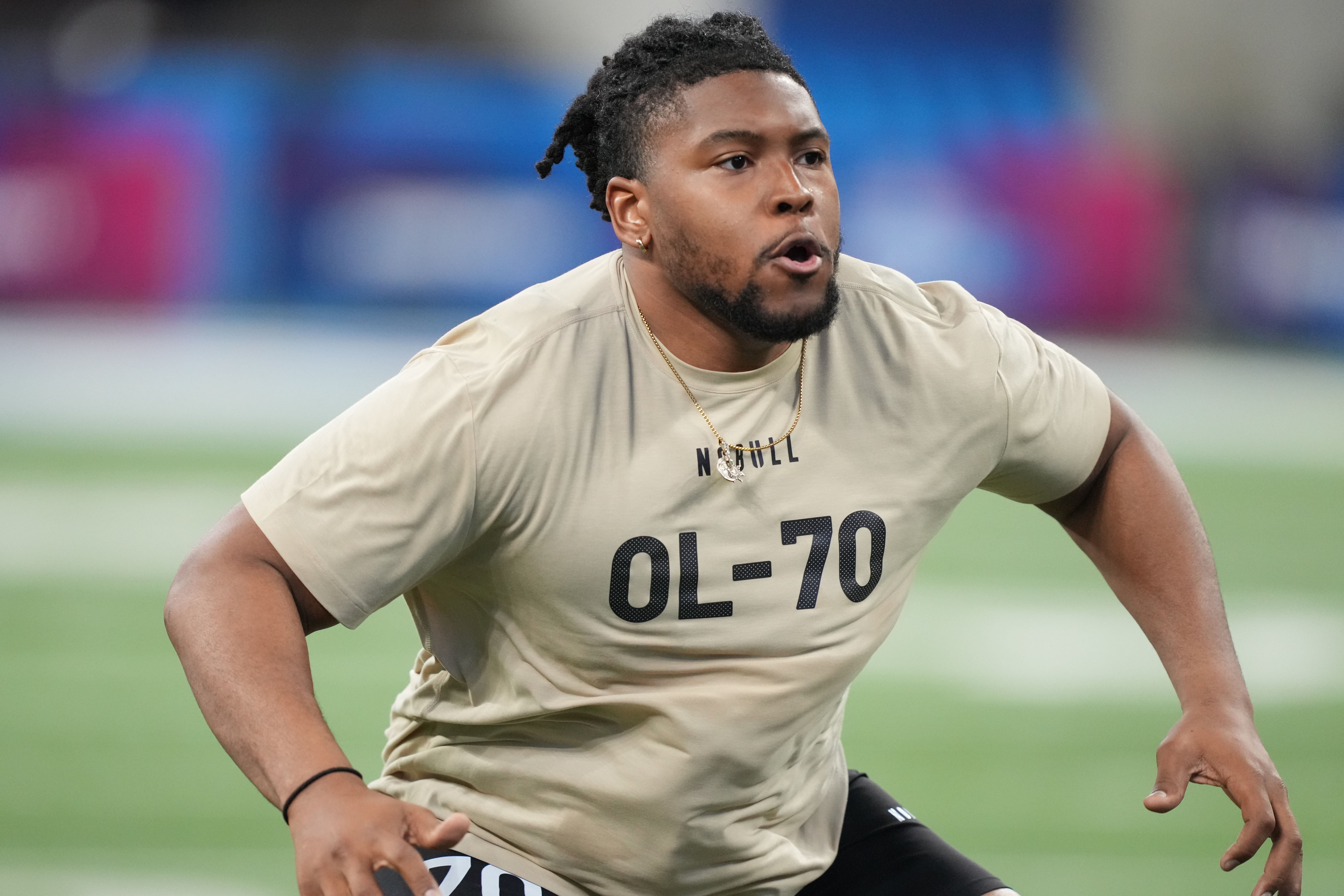 Mar 3, 2024; Indianapolis, IN, USA; Penn State offensive lineman Caedan Wallace (OL70) during the 2024 NFL Combine at Lucas Oil Stadium.