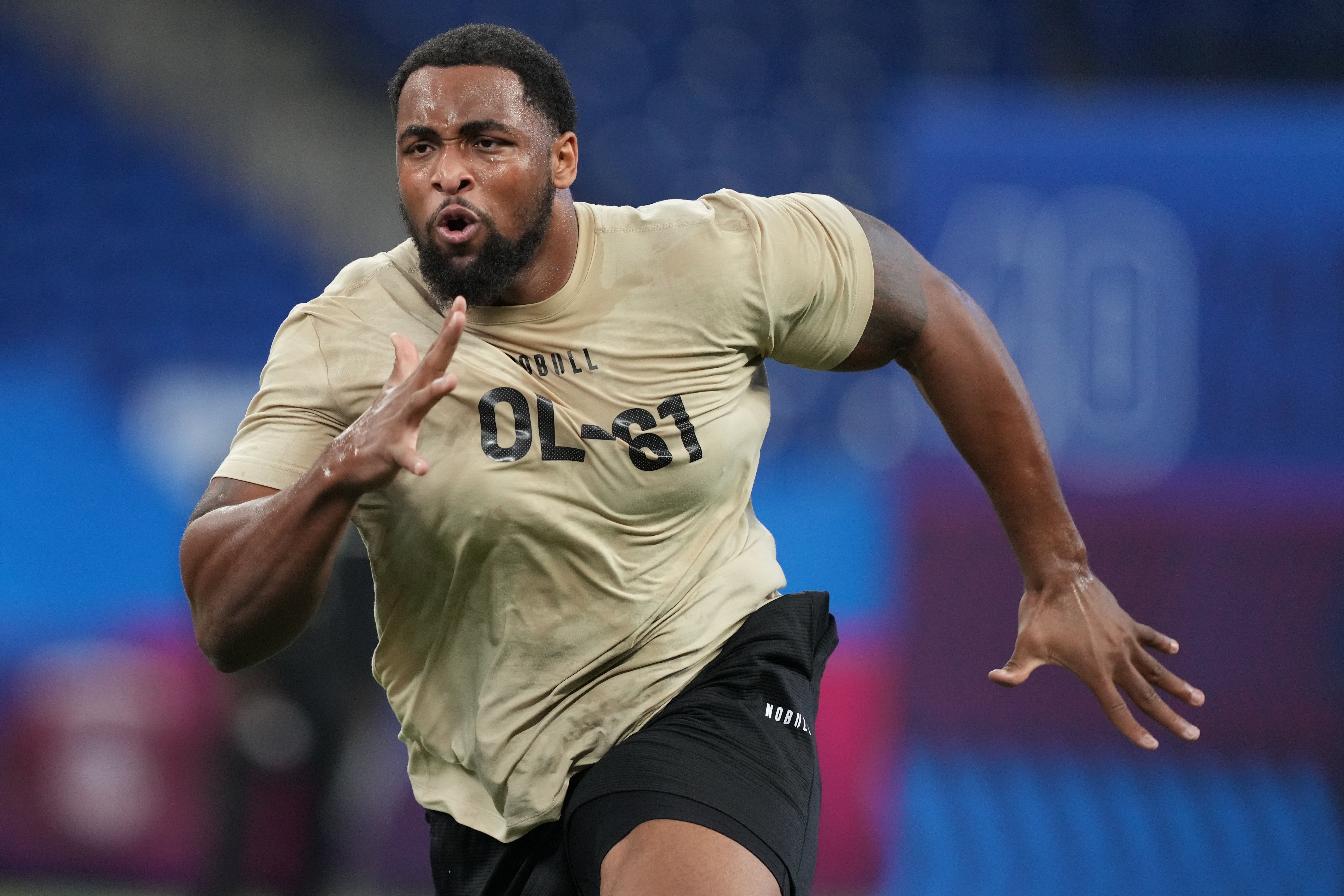 Mar 3, 2024; Indianapolis, IN, USA; Texas A&M offensive lineman Layden Robinson (OL61) during the 2024 NFL Combine at Lucas Oil Stadium.