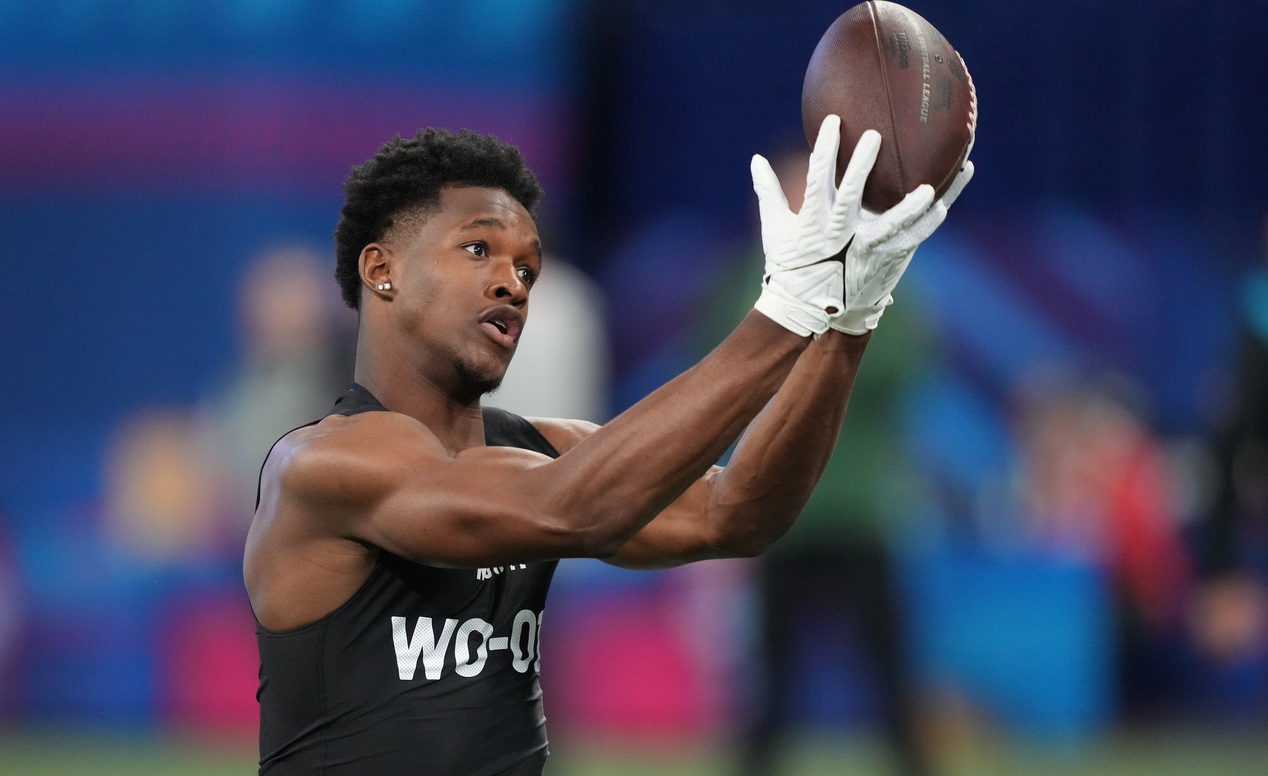 Mar 2, 2024; Indianapolis, IN, USA; Central Florida wide receiver Javon Baker (WO01) during the 2024 NFL Combine at Lucas Oil Stadium.