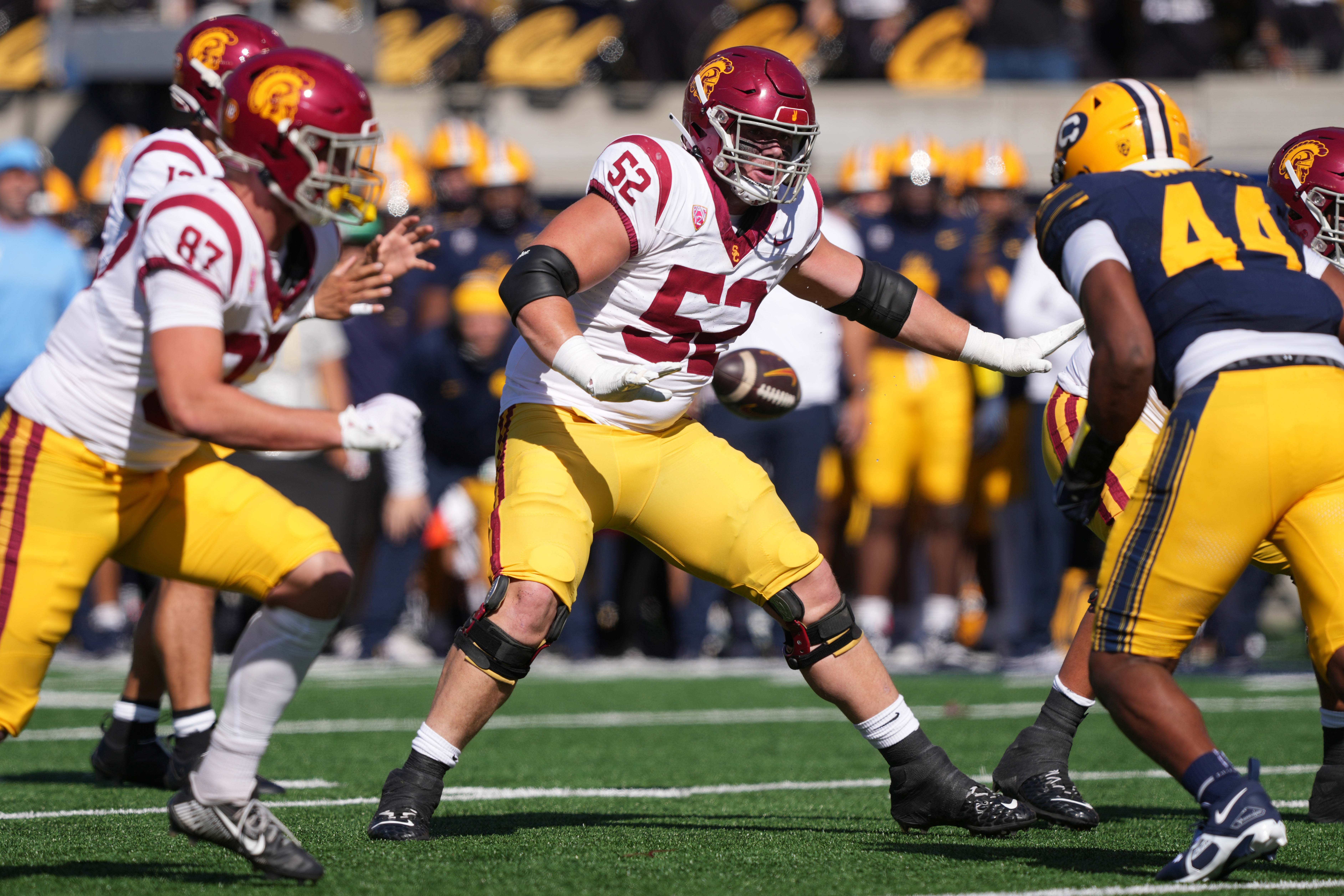 Oct 28, 2023; Berkeley, California, USA; USC Trojans offensive lineman Jarrett Kingston (52) blocks California Golden Bears linebacker Xavier Carlton (44) during the first quarter at California Memorial Stadium.