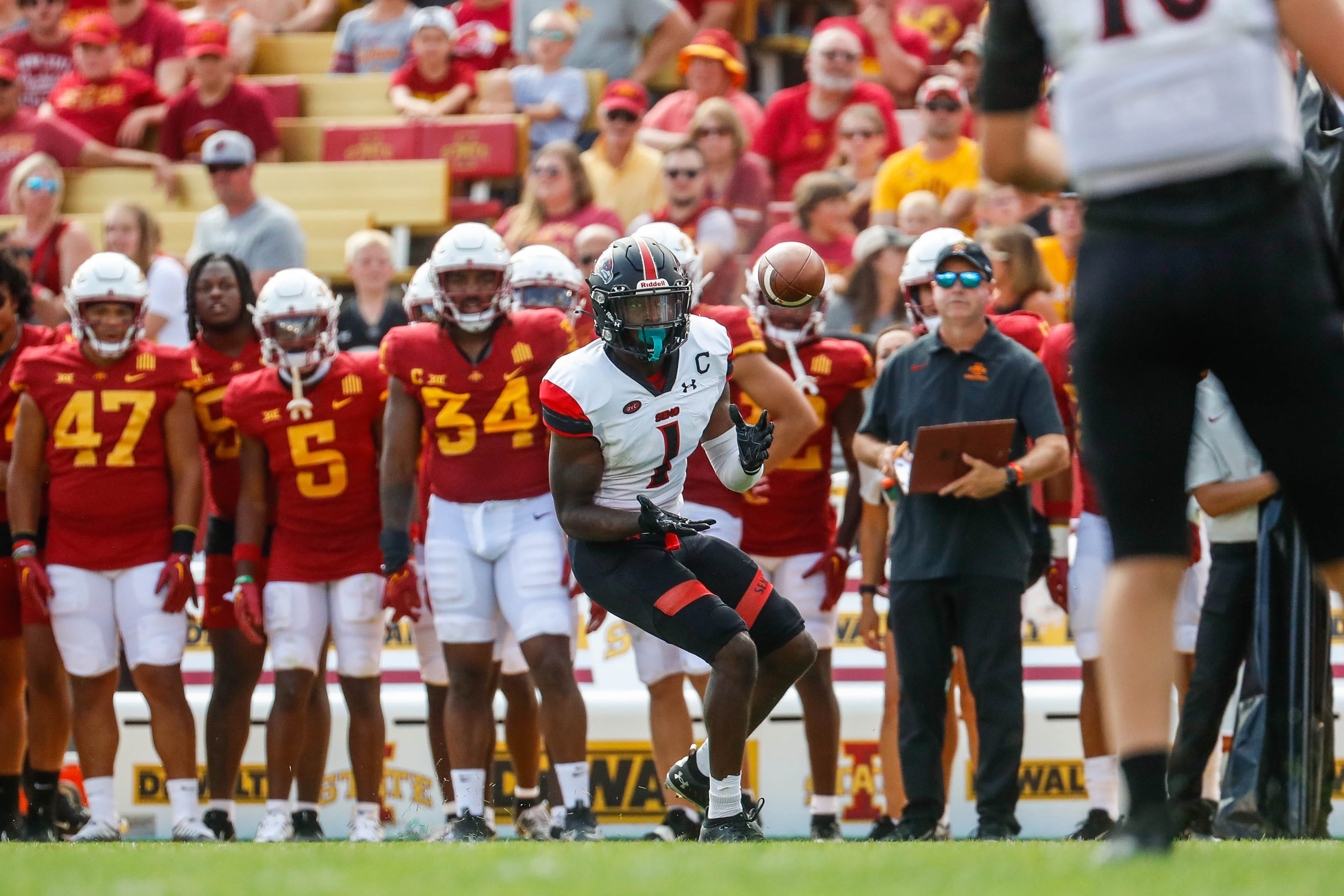 Southeast Missouri State wide receiver Ryan Flournoy (1) attempts to catch the ball during the Iowa State, Southeast Missouri State game on Saturday, September 3, 2022 at Jack Trice Stadium in Ames, Iowa.