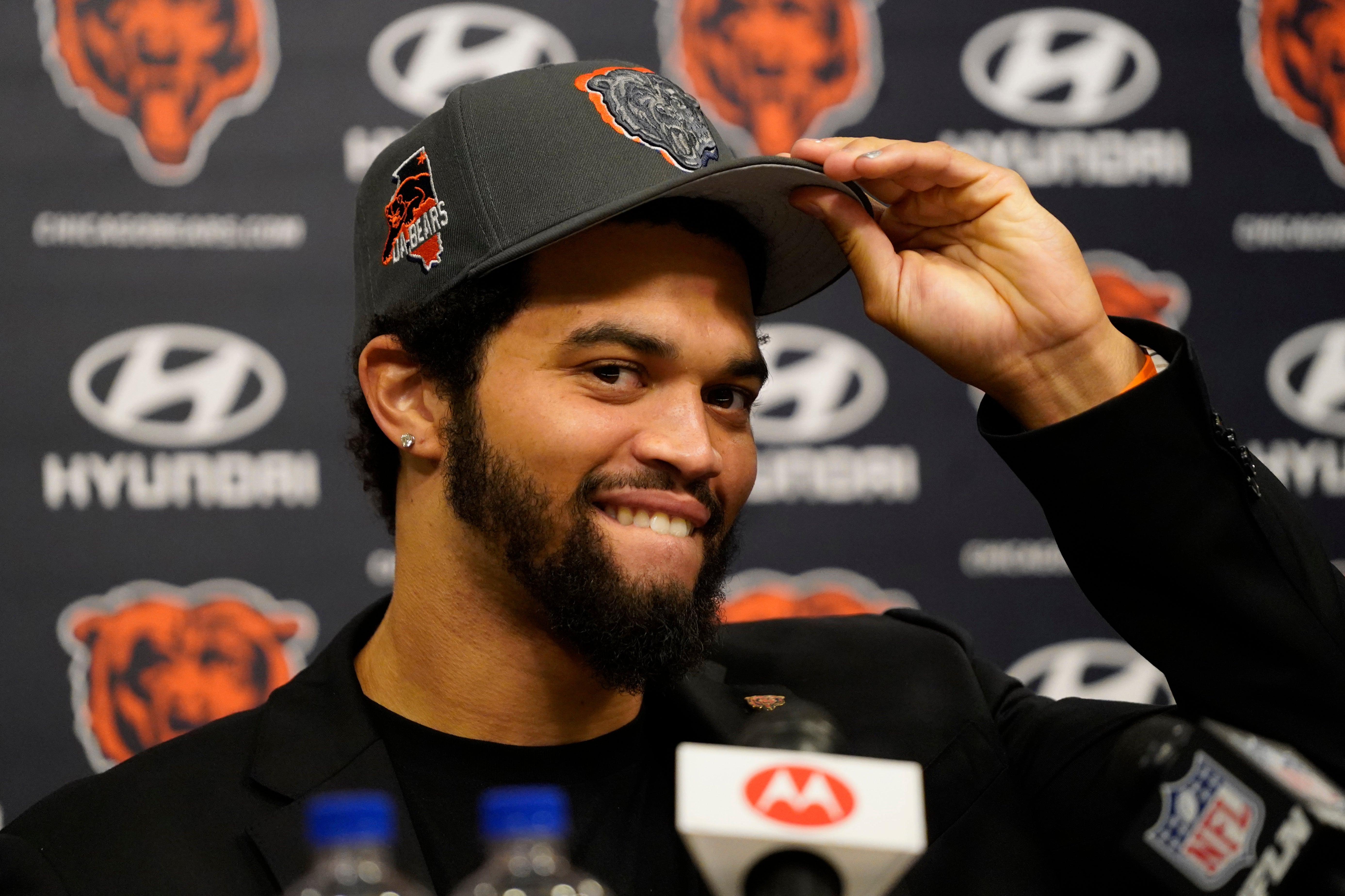 Apr 26, 2024; Lake Forest, IL, USA; Chicago Bears number one draft choice Caleb Williams at a press conference at Halas Hall.