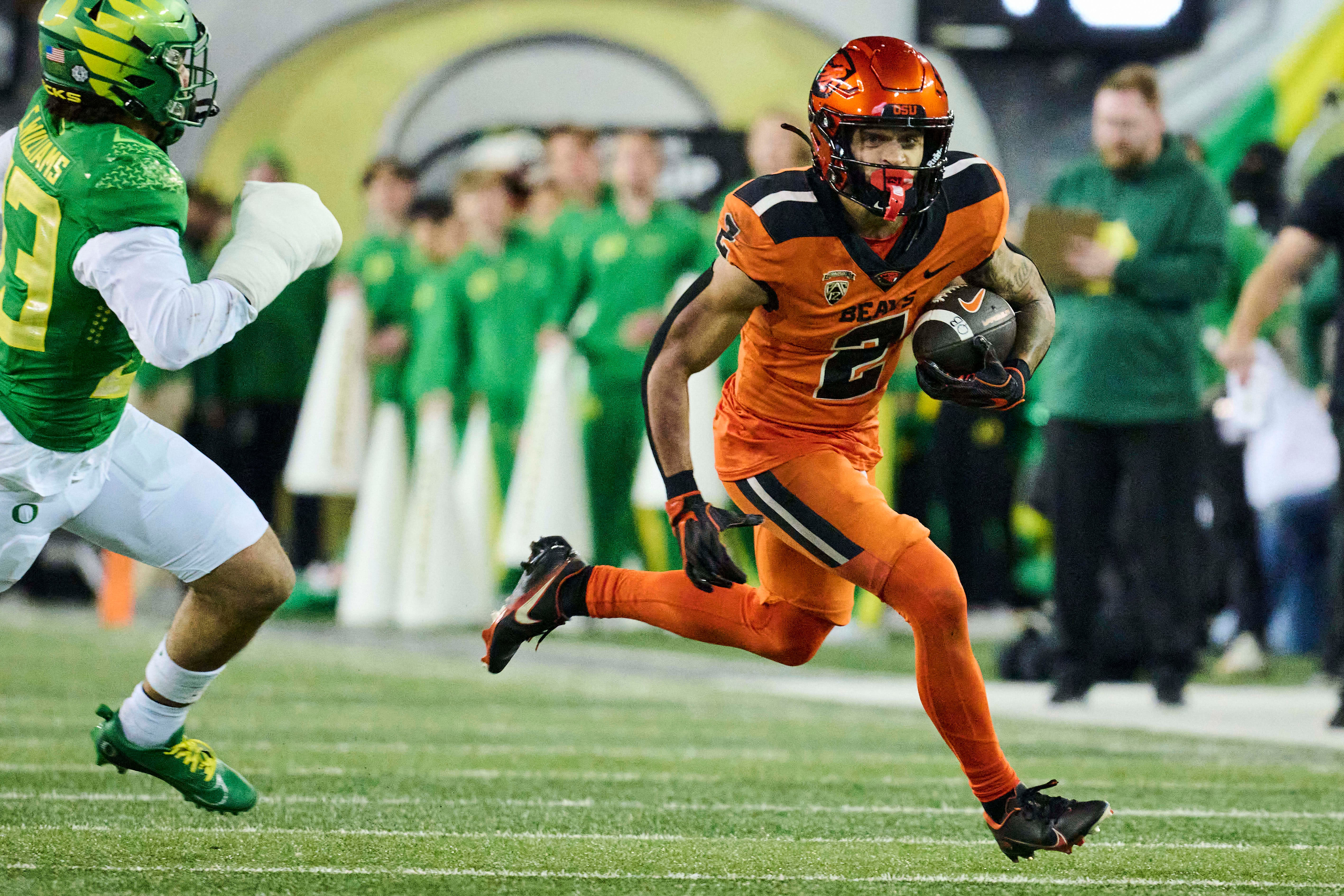 Nov 24, 2023; Eugene, Oregon, USA; Oregon State Beavers wide receiver Anthony Gould (2) catches a pass during the second half against Oregon Ducks defensive back Evan Williams (33) at Autzen Stadium.