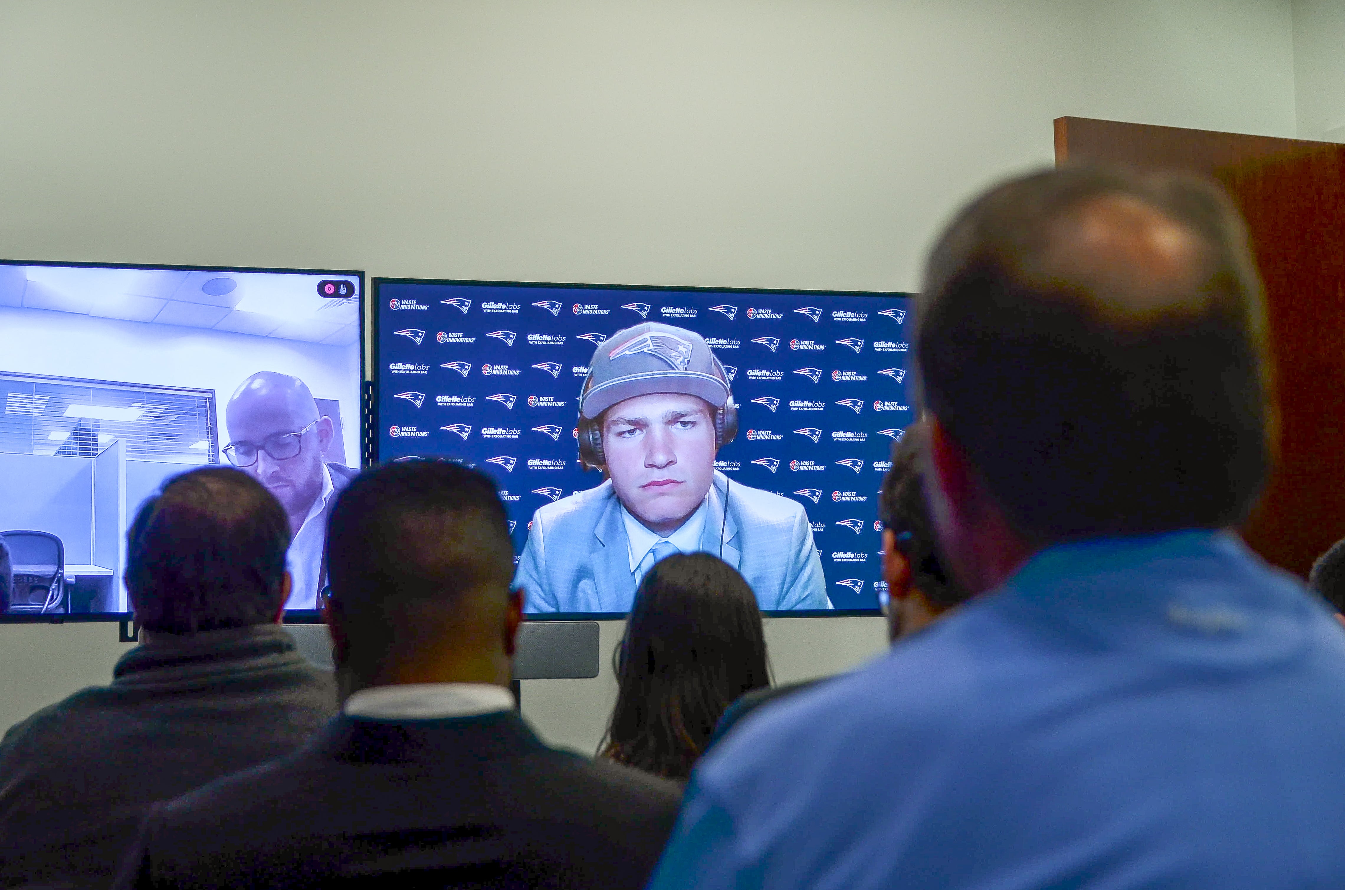Drake Maye speaks with reporters on a video call after being drafted by the Patriots in the first round. | Friday, April 26
