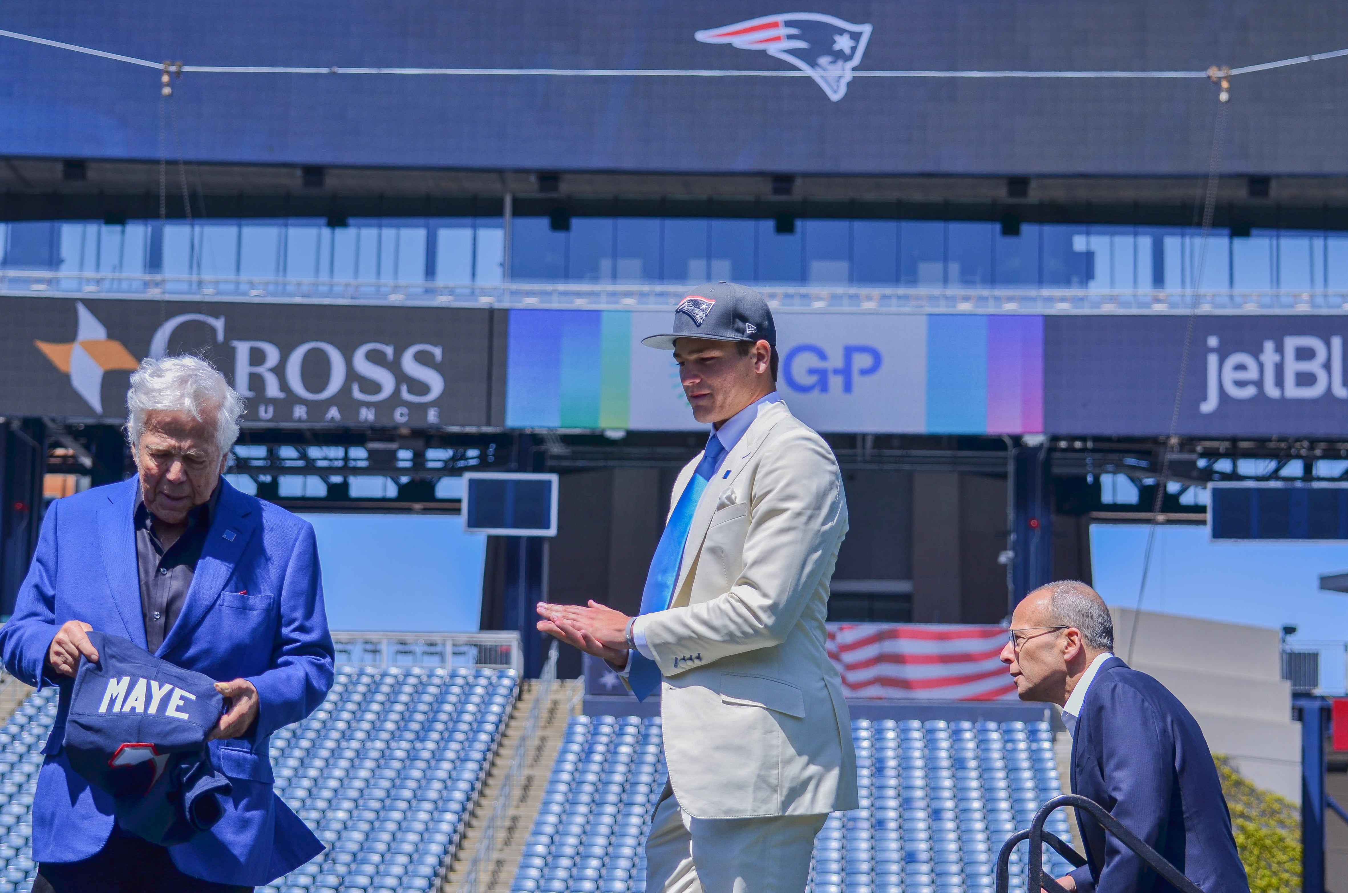 Drake Maye is presented his Patriots jersey on the field at Gillette Stadium | Friday, April 26