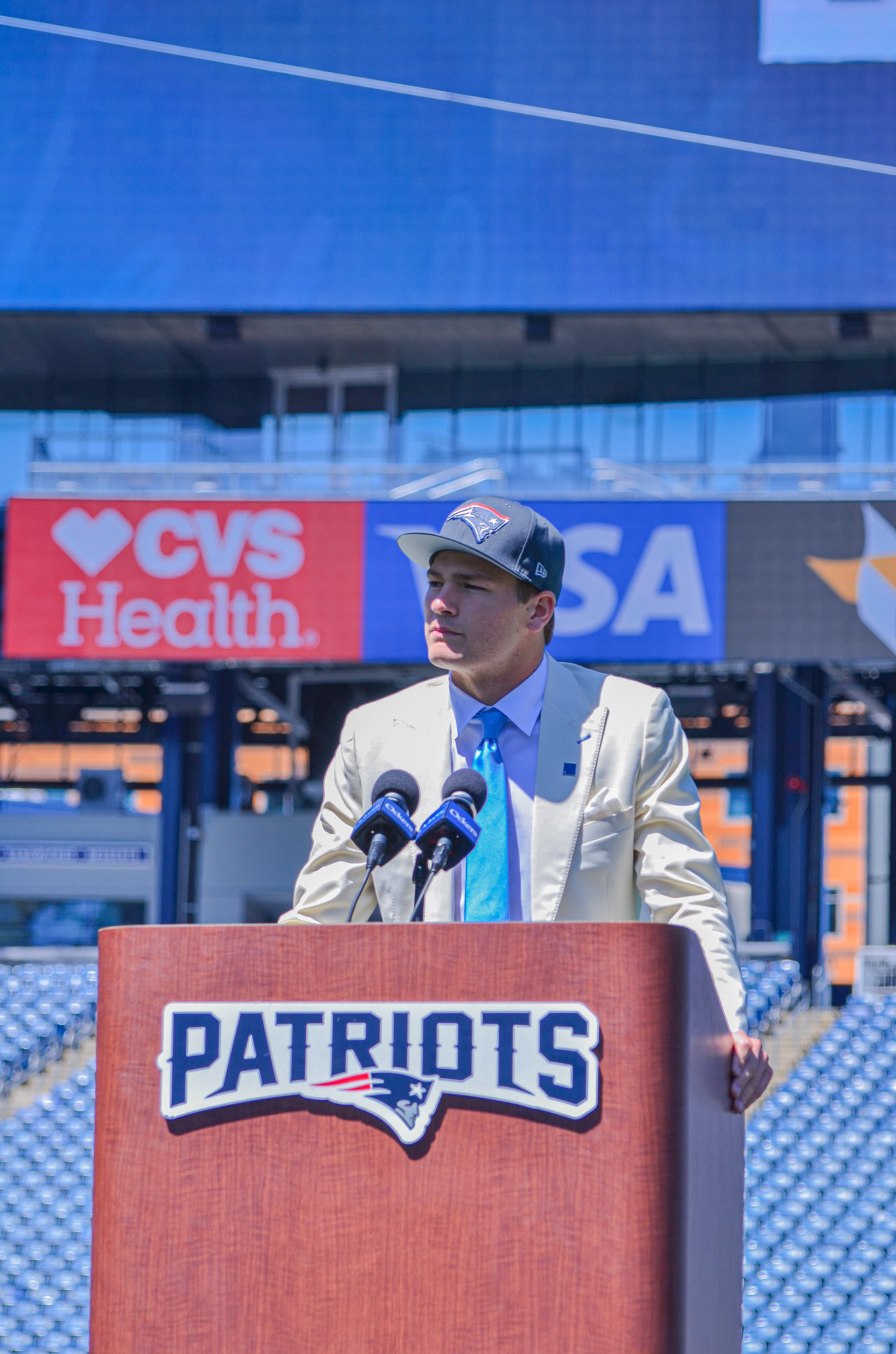 Drake Maye speaks with reporters at Gillette Stadium after accepting his jersey on Friday, April 26
