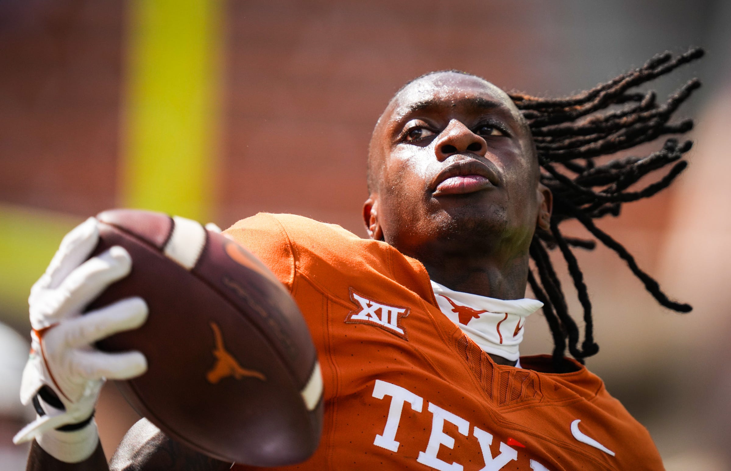 Texas wide receiver Xavier Worthy (1) warms up ahead of the Longhorns' game against the Kansas Jayhawks, Saturday, Sept. 30 at Darrell K Royal-Texas Memorial Stadium in Austin.  