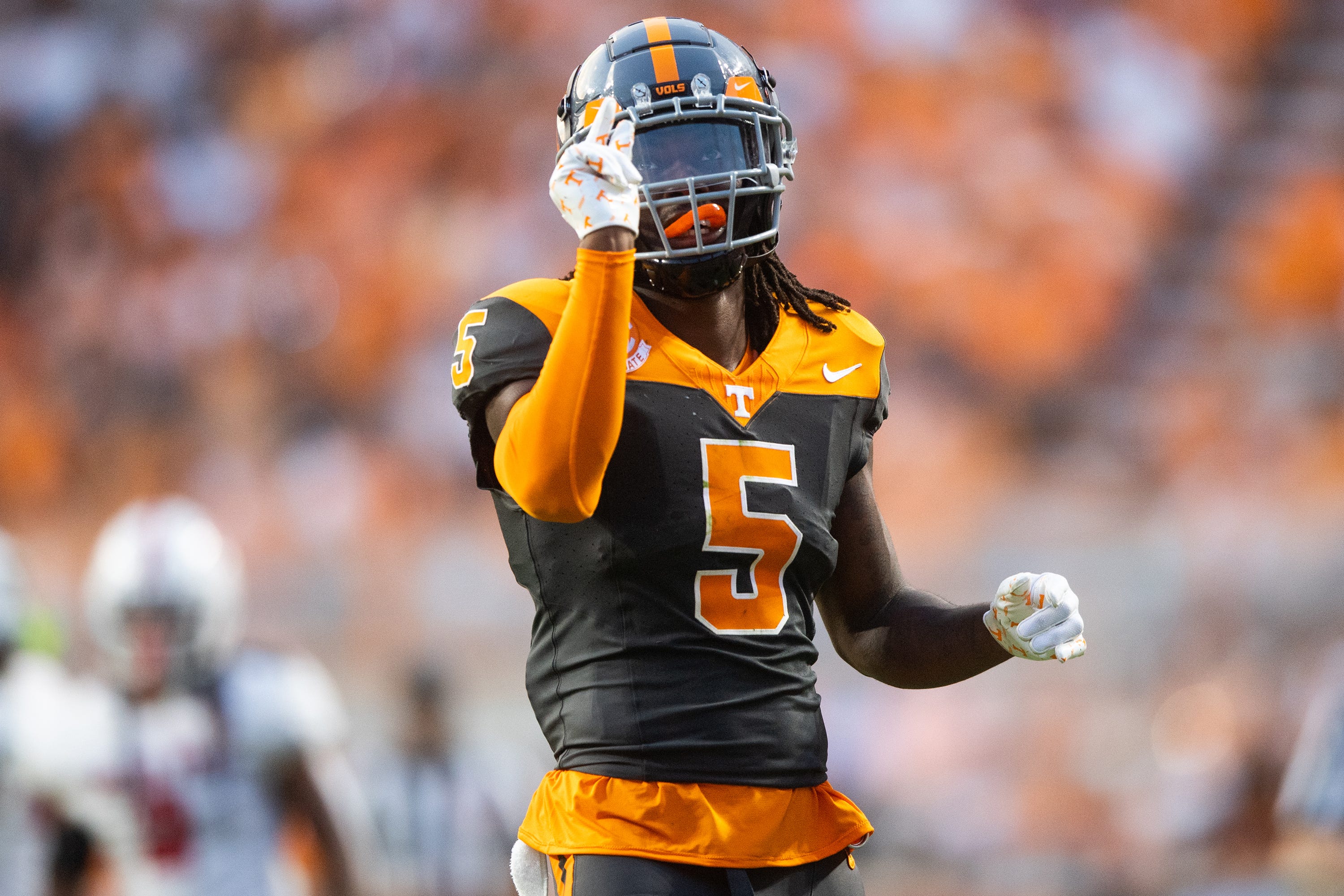 Tennessee defensive back Kamal Hadden (5) shows how close he was to intercepting the ball during a football game between Tennessee and Austin Peay at Neyland Stadium in Knoxville, Tenn., on Saturday, Sept. 9, 2023.  