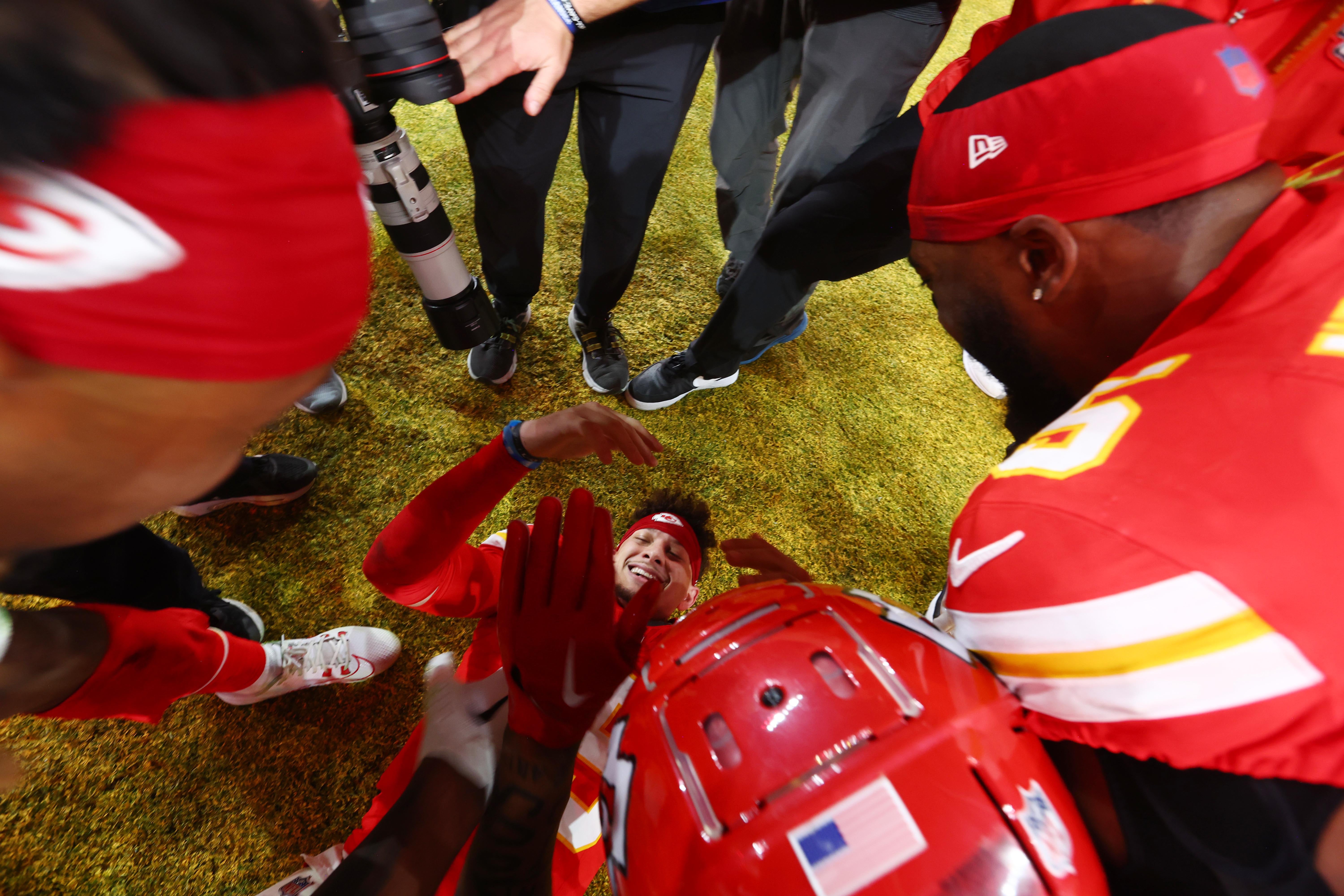 Feb 11, 2024; Paradise, Nevada, USA; Kansas City Chiefs quarterback Patrick Mahomes (15) celebrates after defeating the San Francisco 49ers in Super Bowl LVIII at Allegiant Stadium.