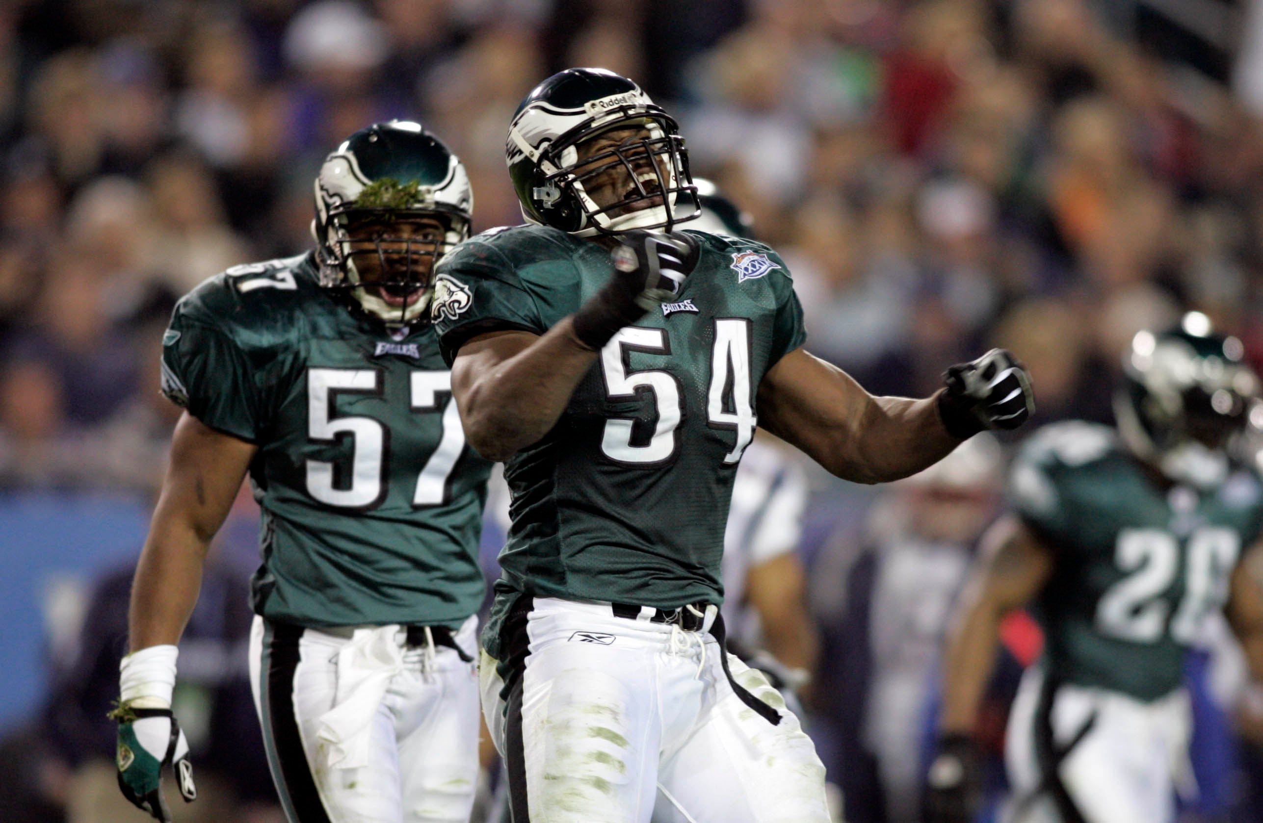Philadelphia Eagles linebacker Jeremiah Trotter (54) reacts after a play against the New England Patriots in Super Bowl XXXIX at Alltel Stadium. The Patriots won the game 24-21.