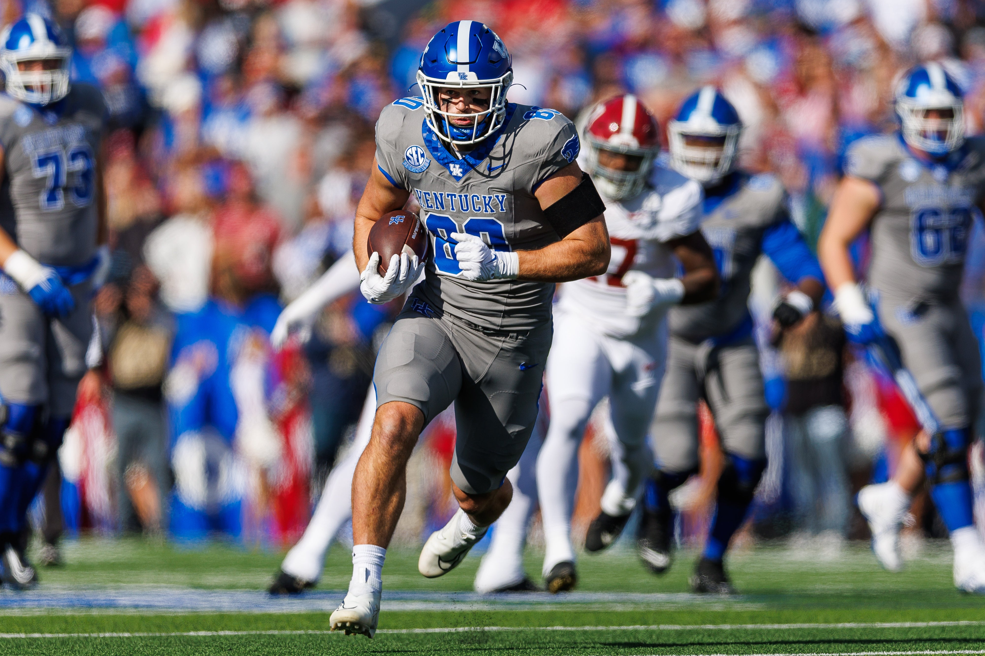 Nov 11, 2023; Lexington, Kentucky, USA; Kentucky Wildcats tight end Brenden Bates (80) runs the ball during the second quarter against the Alabama Crimson Tide at Kroger Field.