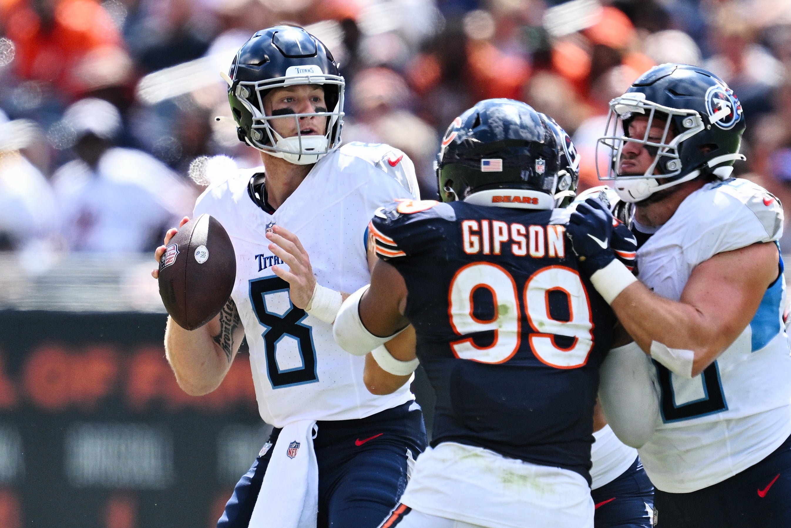 Aug 12, 2023; Chicago, Illinois, USA; Tennessee Titans quarterback Will Levis (8) looks to pass in the second half against the Chicago Bears at Soldier Field.