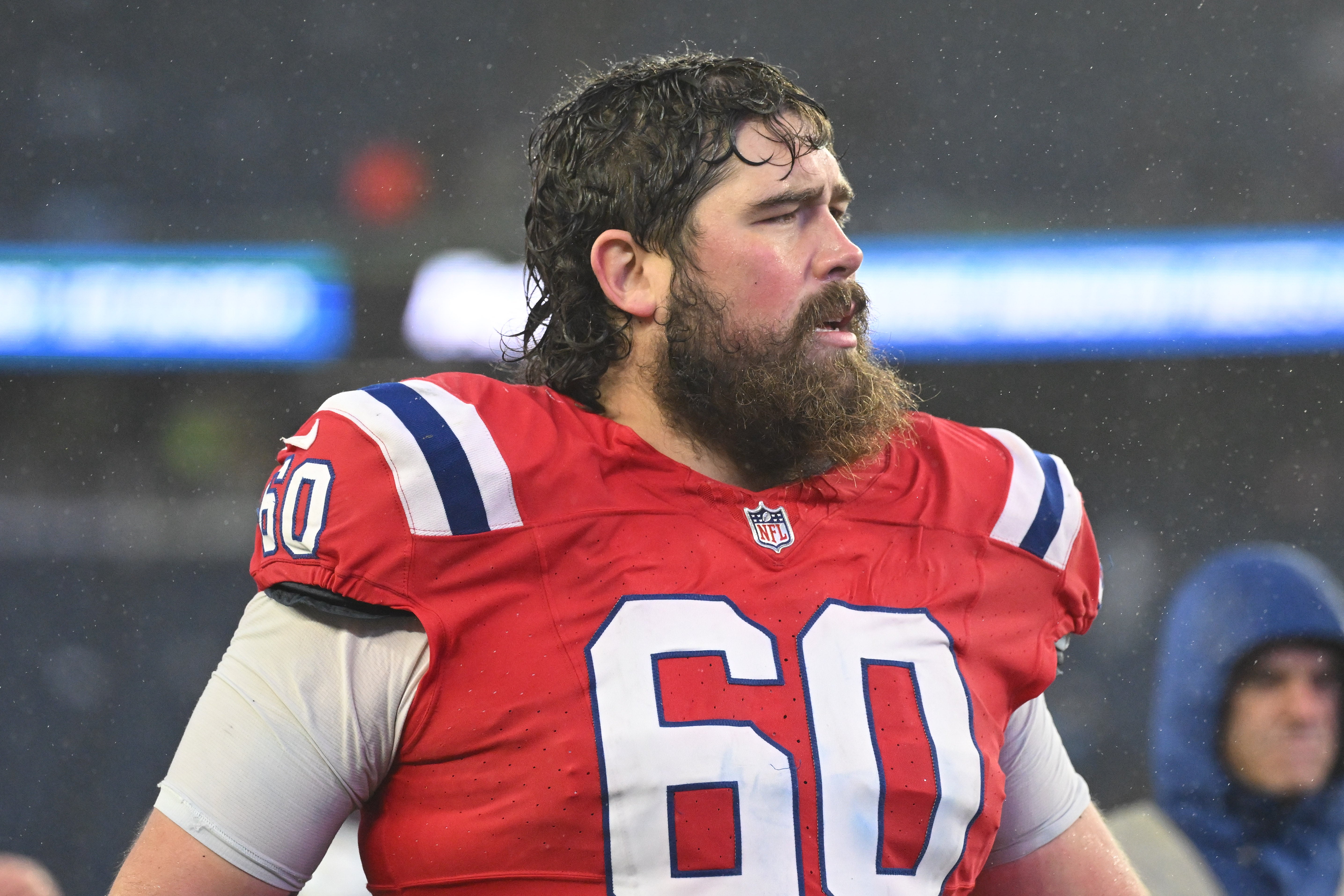 Dec 3, 2023; Foxborough, Massachusetts, USA; New England Patriots center David Andrews (60) walks off of the field after a game against the Los Angeles Chargers at Gillette Stadium.