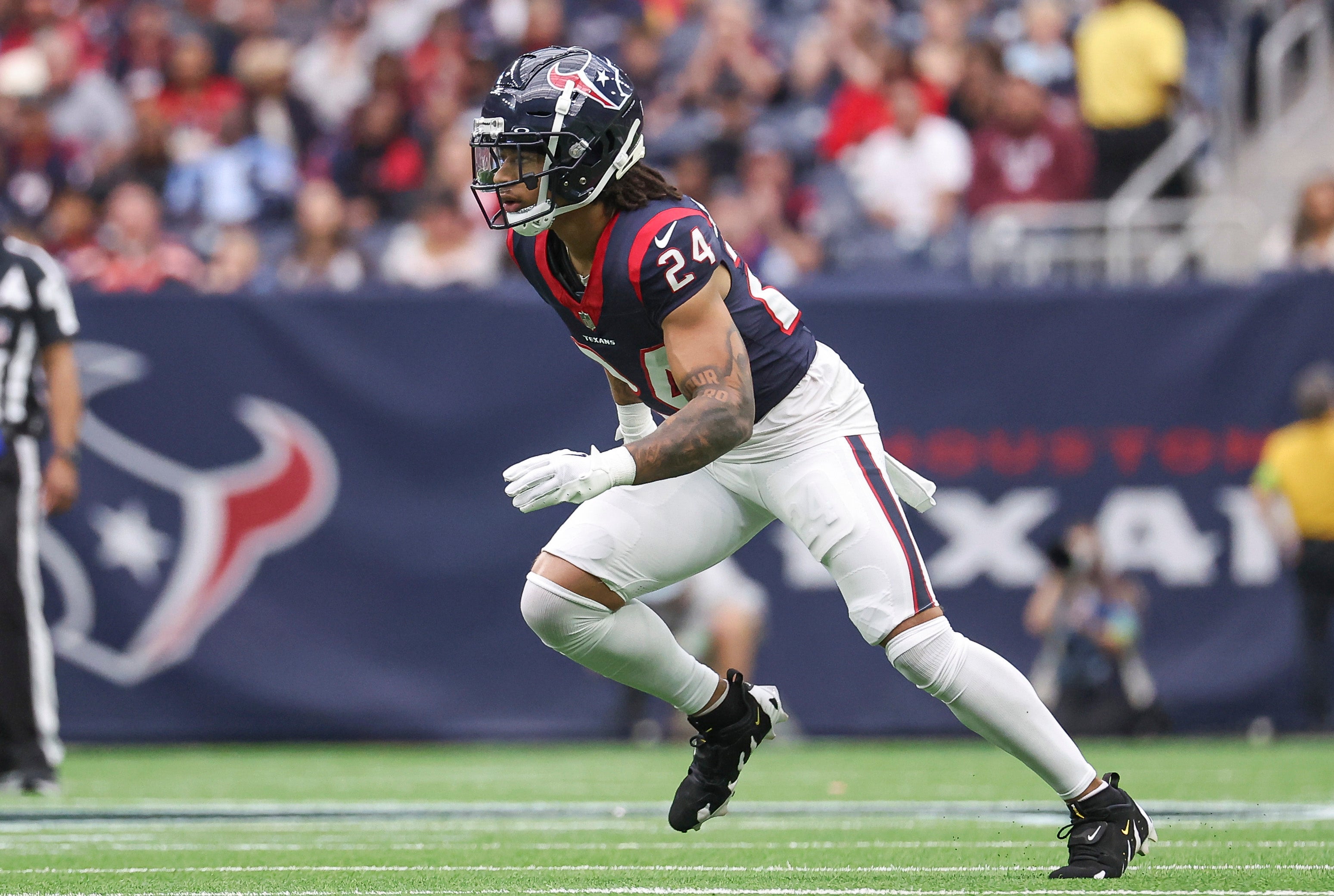 Dec 31, 2023; Houston, Texas, USA; Houston Texans cornerback Derek Stingley Jr. (24) in action during the game against the Tennessee Titans at NRG Stadium.