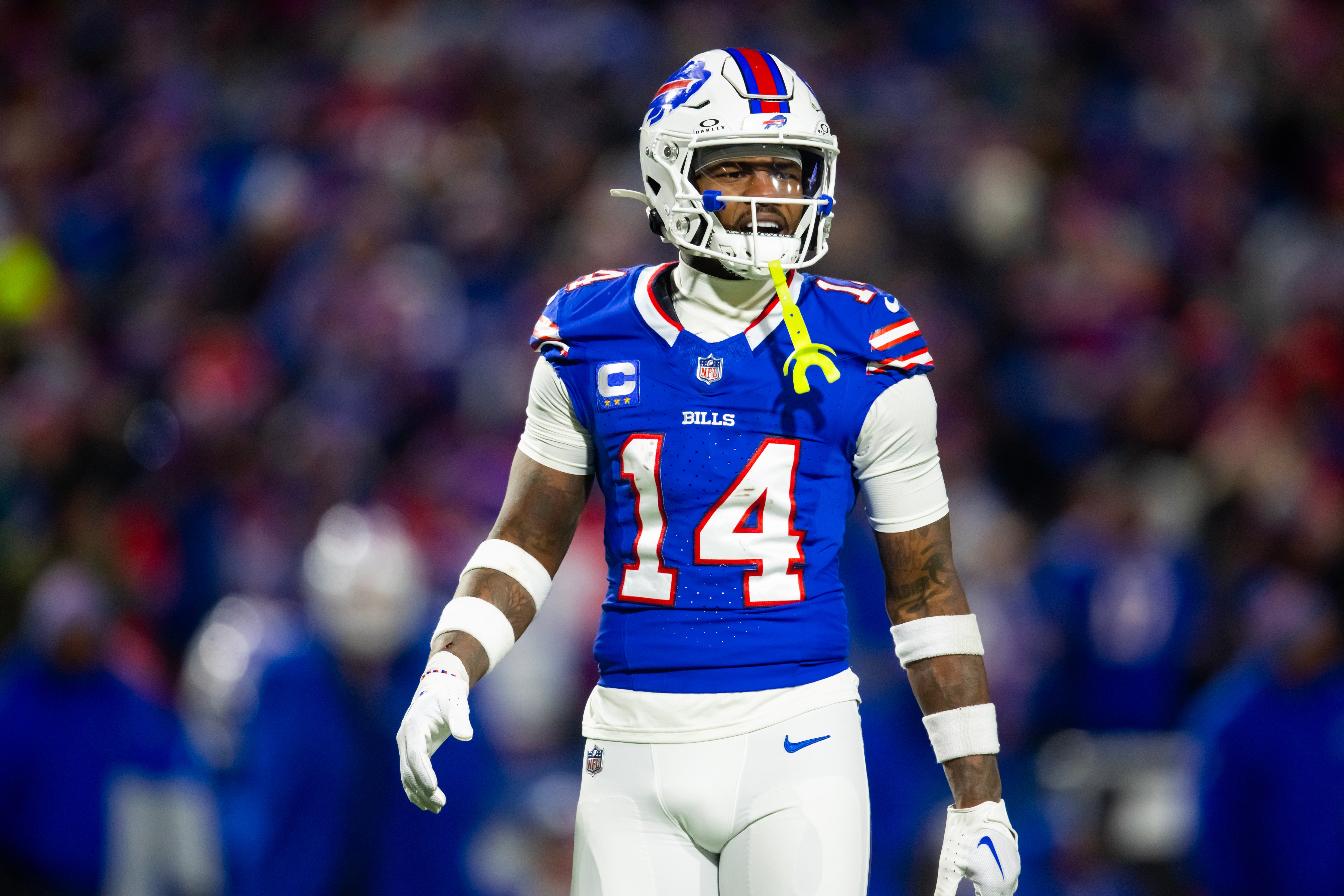 Jan 21, 2024; Orchard Park, New York, USA; Buffalo Bills wide receiver Stefon Diggs (14) against the Kansas City Chiefs in the 2024 AFC divisional round game at Highmark Stadium.