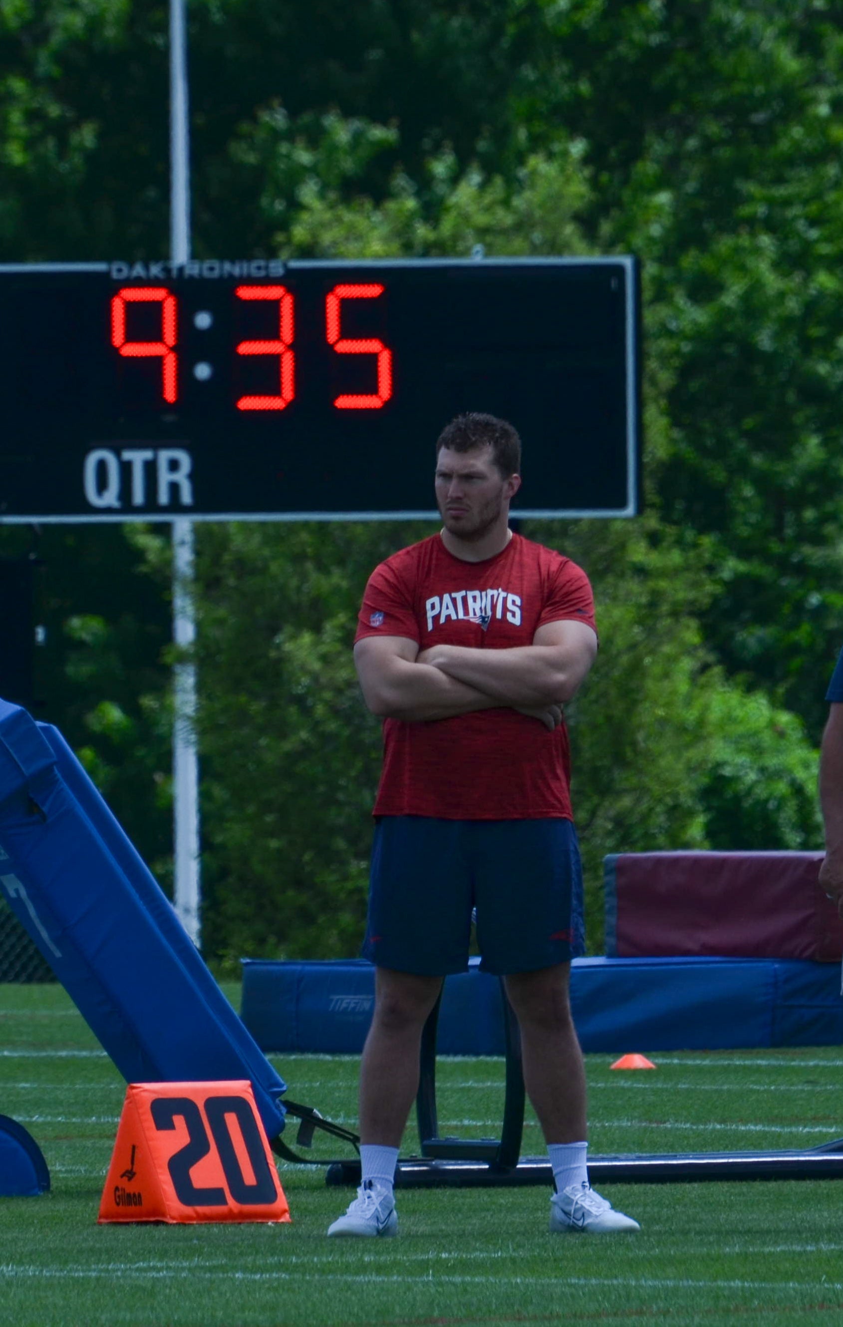 Patriots OL Cole Strange watches OTAs from the sidelines after it was reported he will be out for the start of the season - May 29, 2024