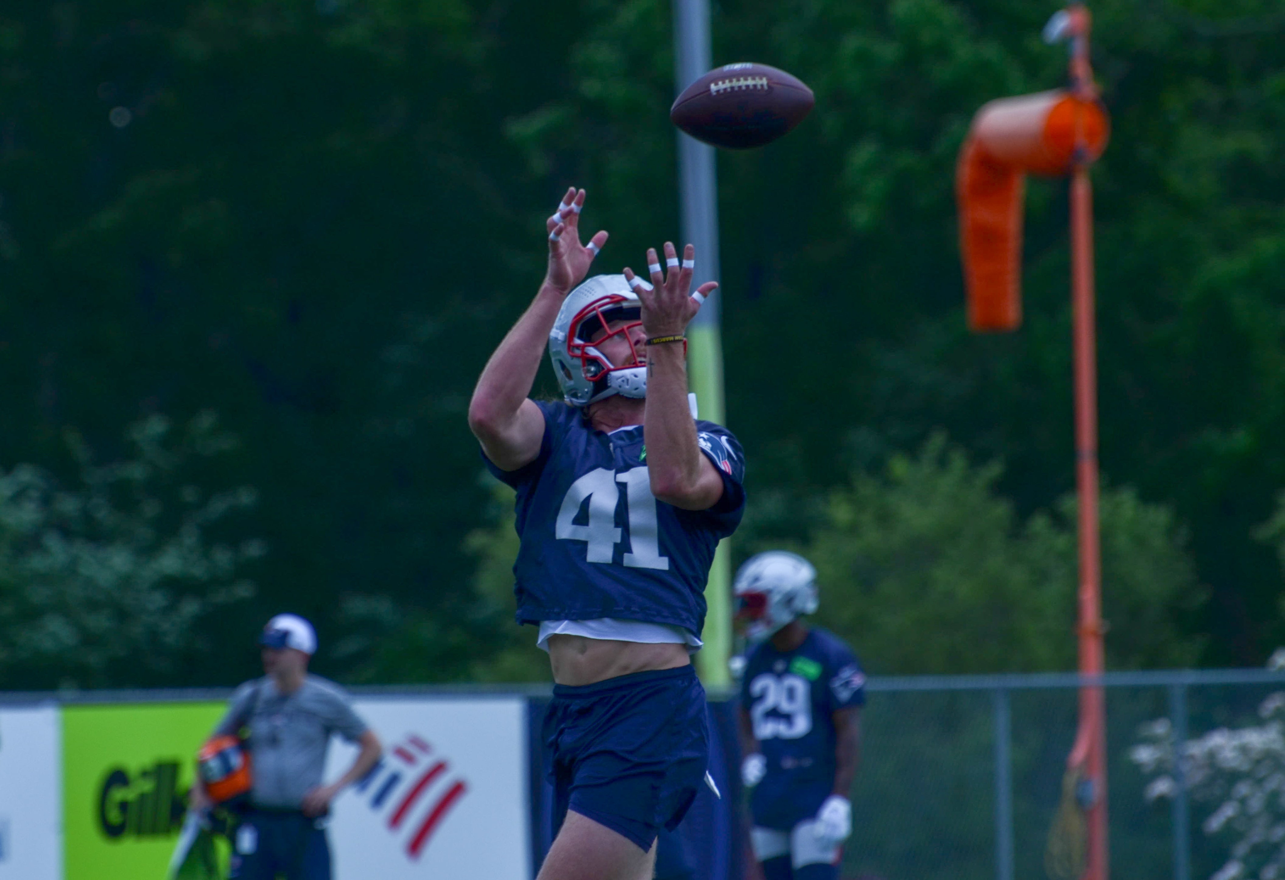Patriots S Brenden Schooler catches a ball during drills at OTAs - May 29, 2024