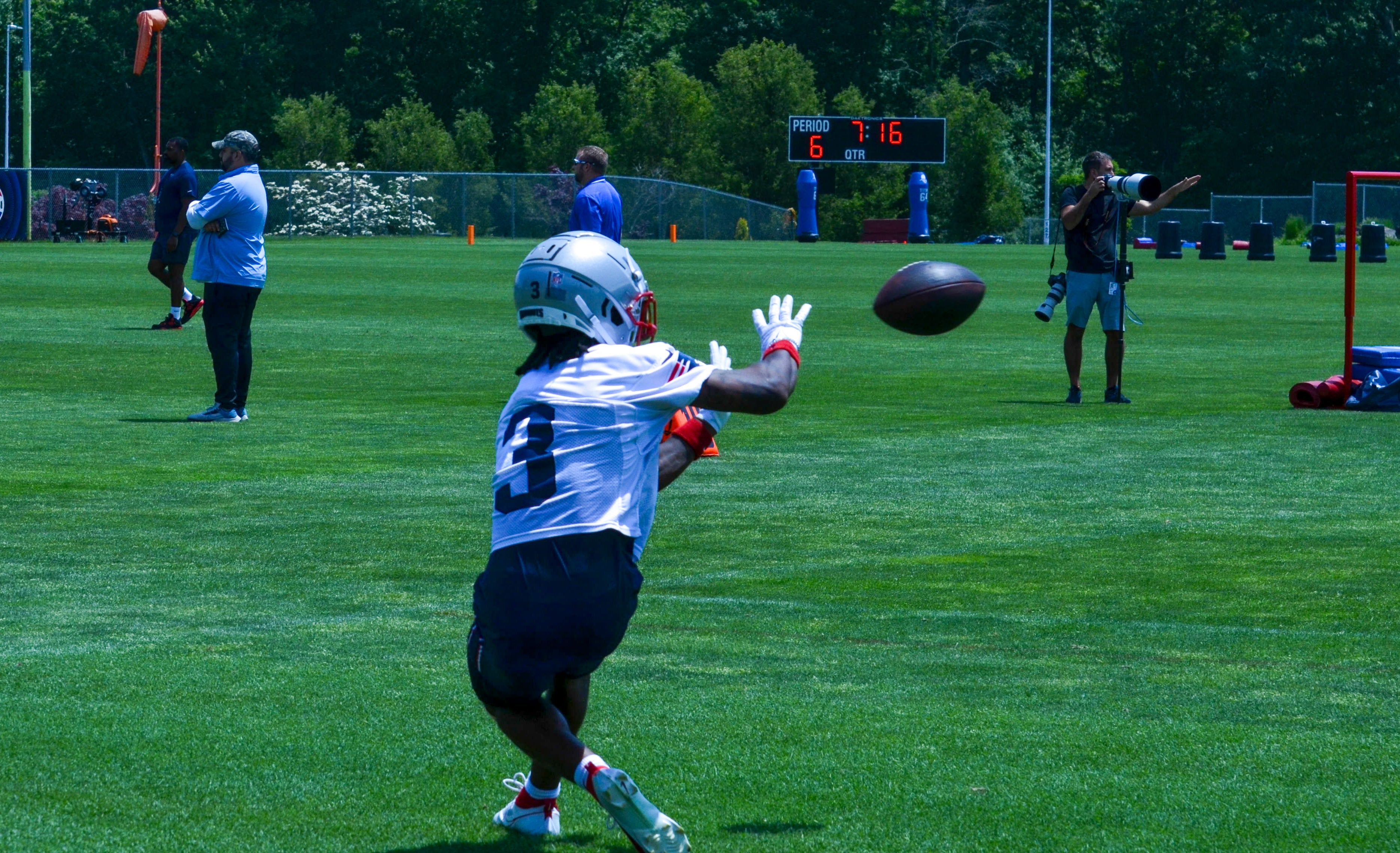 Patriots WR DeMario Douglas makes a catch during a drill at Tuesday's OTAs - June 4, 2024