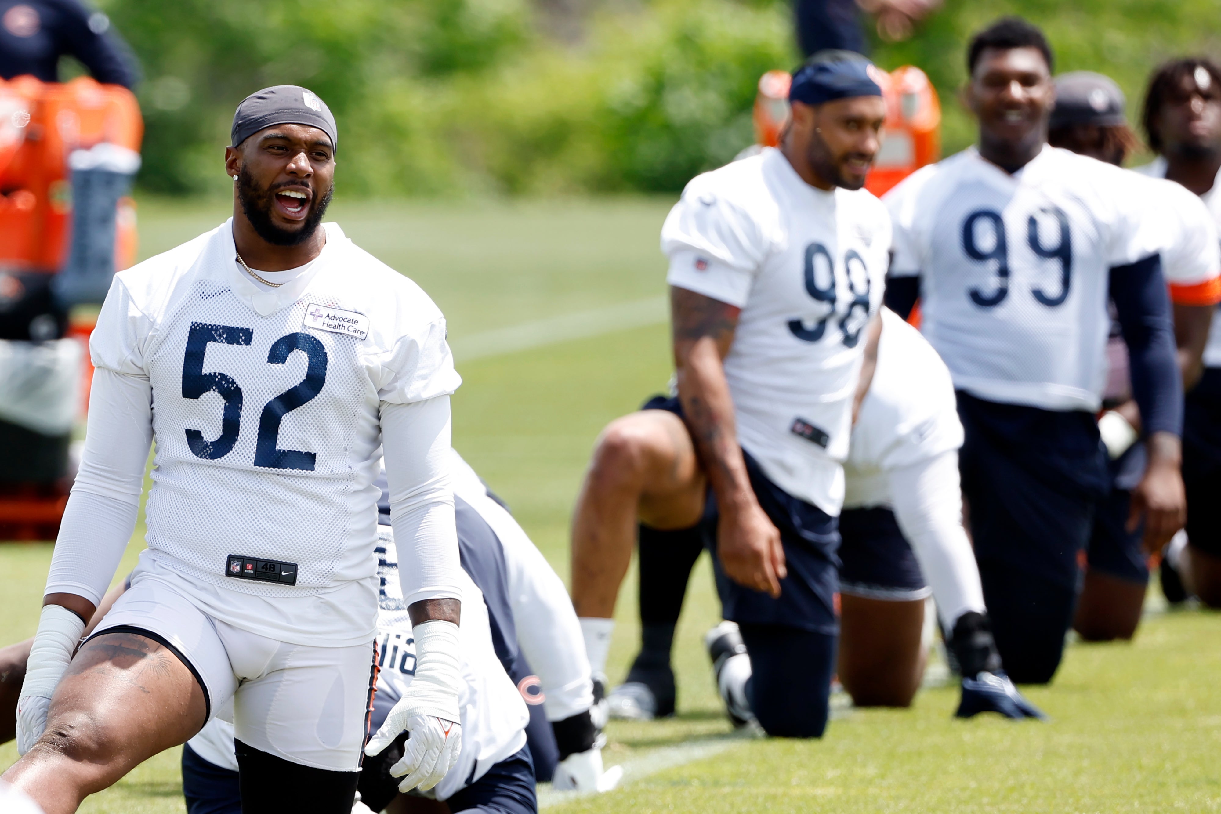 Jun 5, 2024; Lake Forest, IL, USA; Chicago Bears defensive end Khalid Kareem (52) yells during the team's minicamp at Halas Hall.