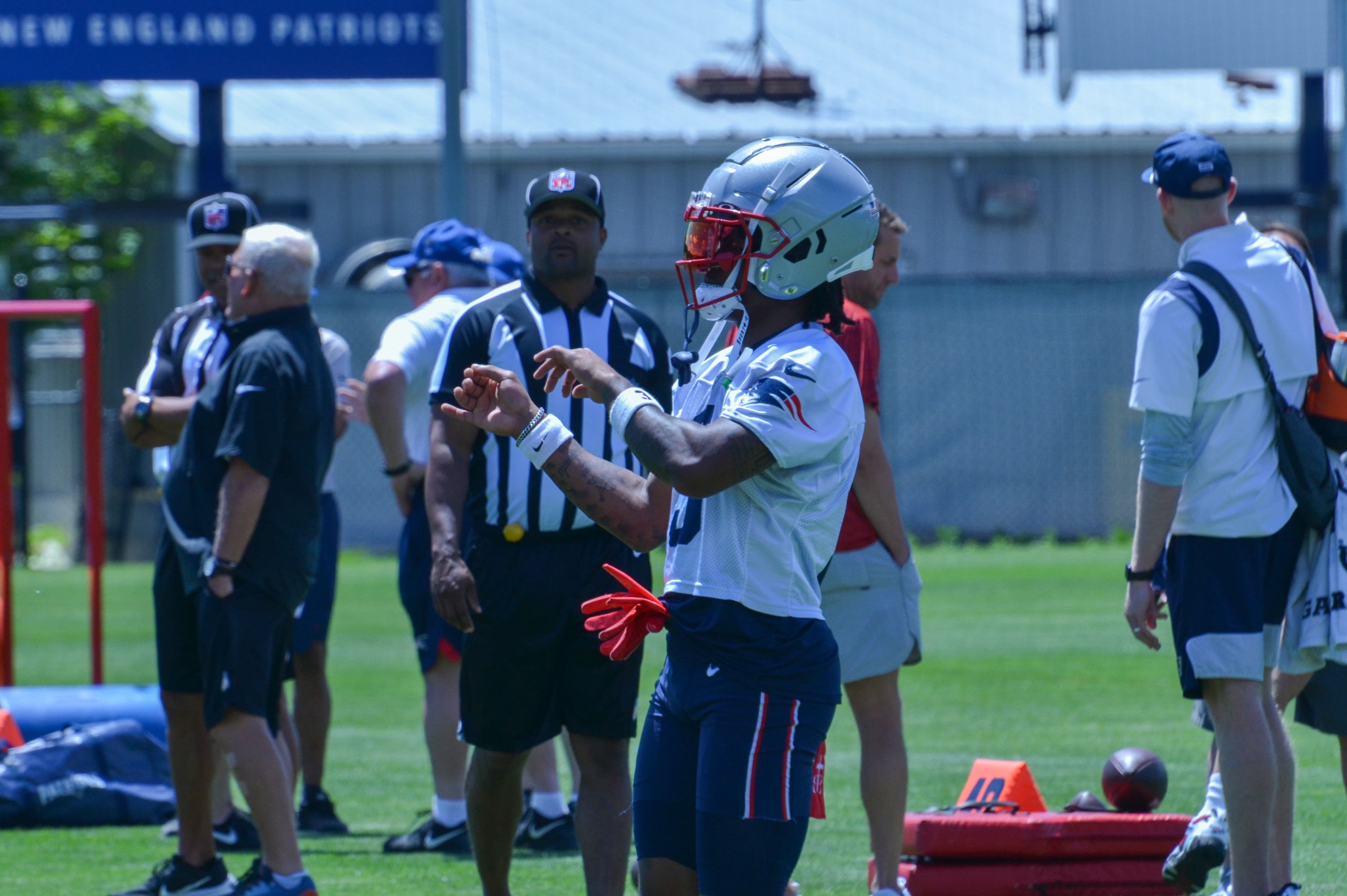 Patriots WR DeMario Douglas dances during the first day of Mandatory Minicamp at Gillette Stadium - June 10, 2024
