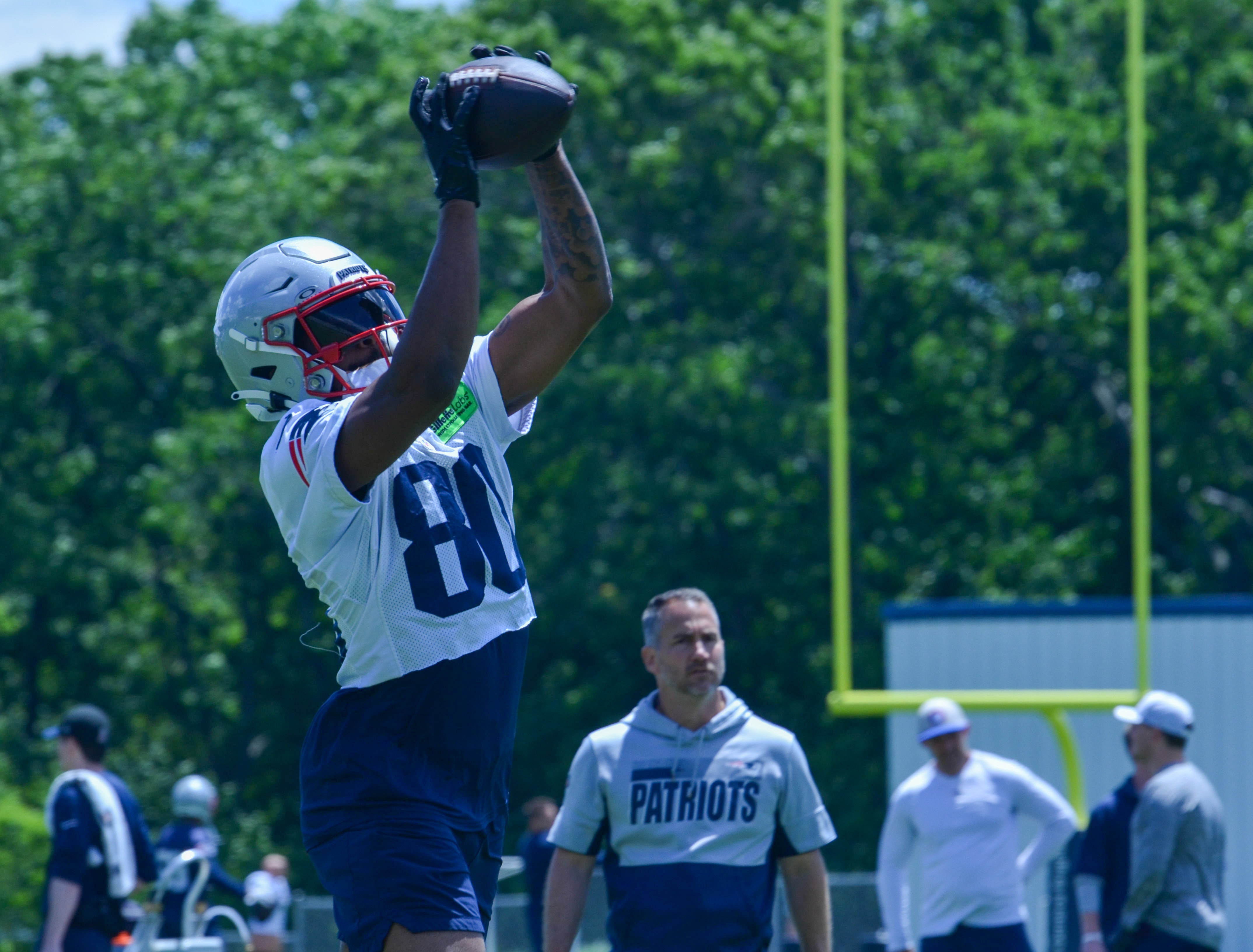 Patriots WR Kayshon Boutte makes a leaping catch during the first day of Mandatory Minicamp at Gillette Stadium - June 10, 2024