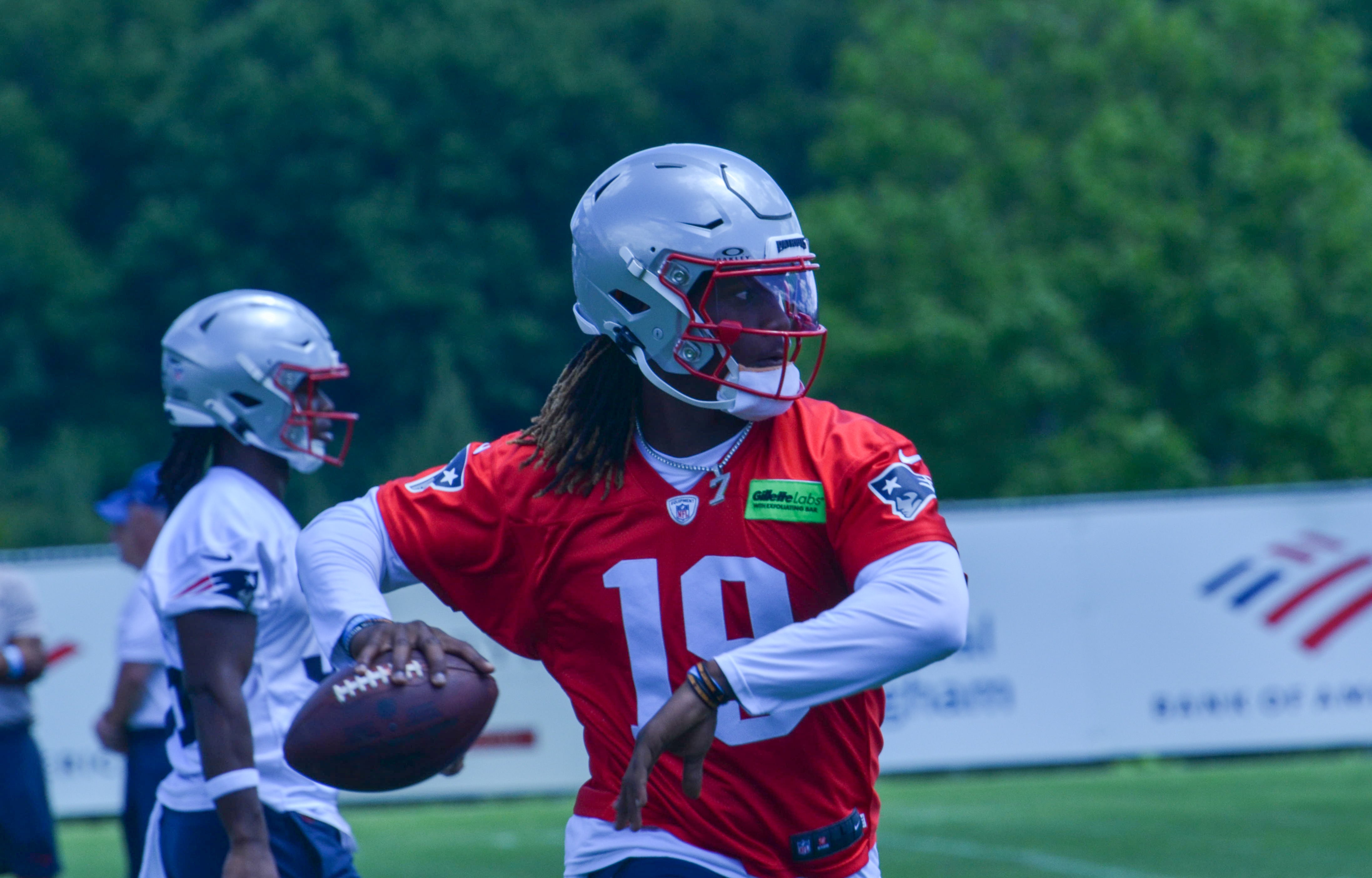 Patriots QB Joe Milton III throws the ball at the first day of Mandatory Minicamp at Gillette Stadium - June 10, 2024